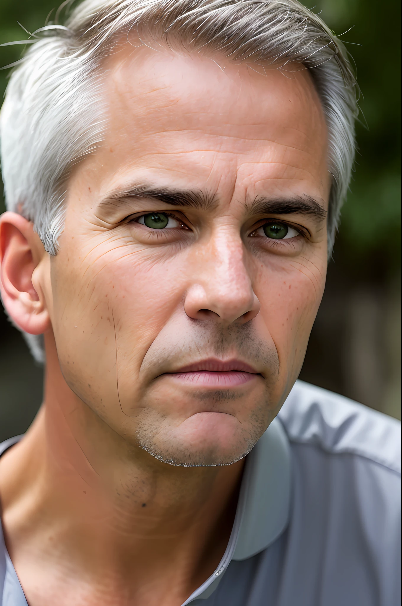 Full frame, close portrait, male model, active white male, tanned and wrinkled skin, lowered gray hair, greenish-brown eyes, (skin texture), skin pores, shallow depth of field, sharp eye focus, backlit