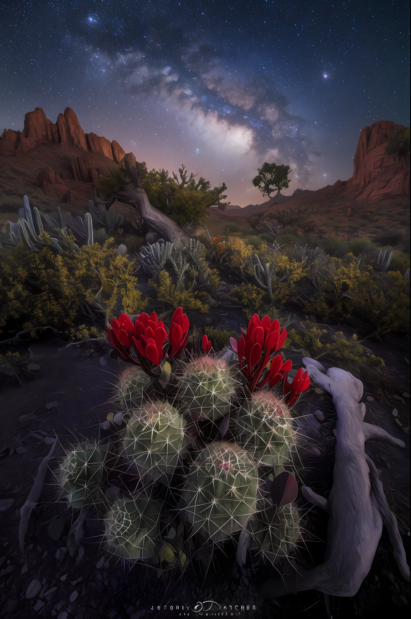 starry night sky over a cactus with red flowers and a tree, marc adamus, enchanting and otherworldly, cactus and flowers, by Jeffrey Smith, red sprites in the atmosphere, mystical setting, floating in the desert night, celestial red flowers vibe, detailed dreamscape, mystical night, by Rob Alexander, by Don Reichert, breathtaking composition