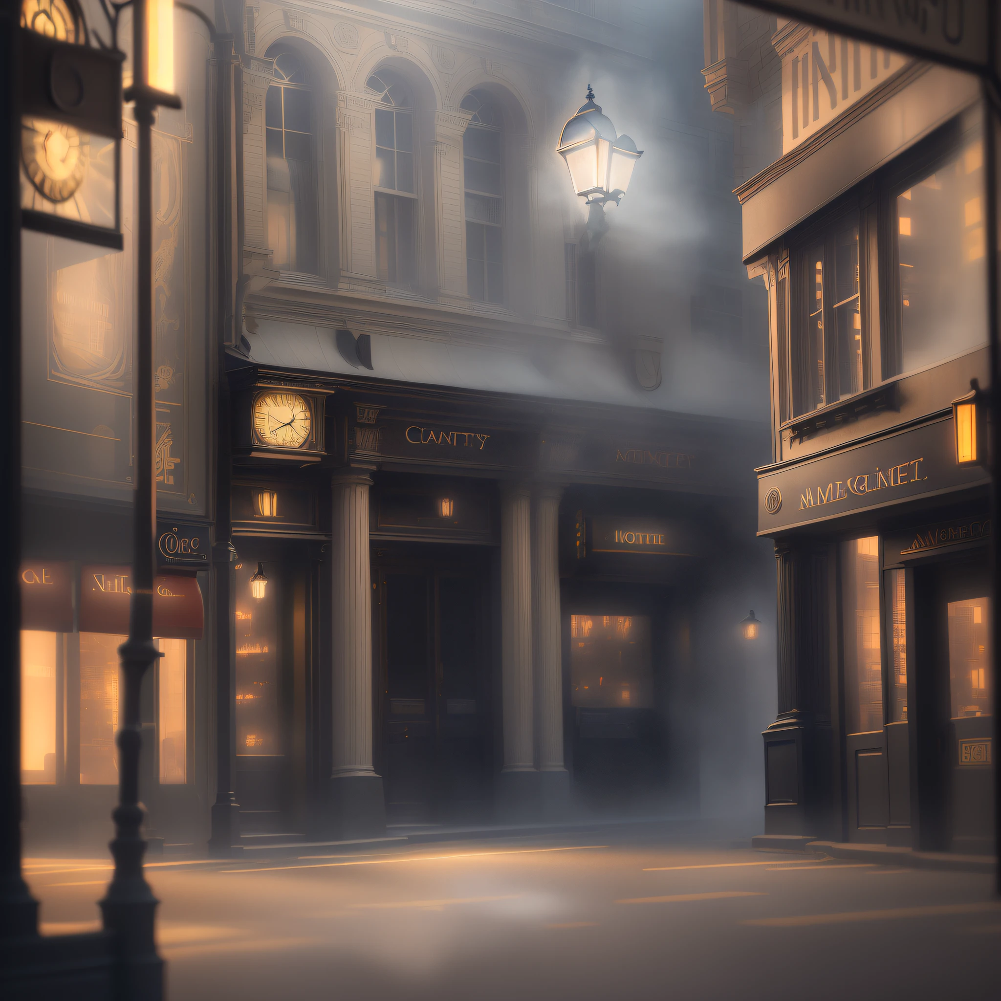 there is a foggy street with a building and a clock tower, city street cinematic lighting, art nouveau octane render, atmospheric render, photorealistic streetscape, volumetric lighting and fog, atmospheric establishing shot, octane render. fog, volumetric fog and lighting, dramatic lighting render, dramatic lighting. concept art, misty alleyway, city mist softlight