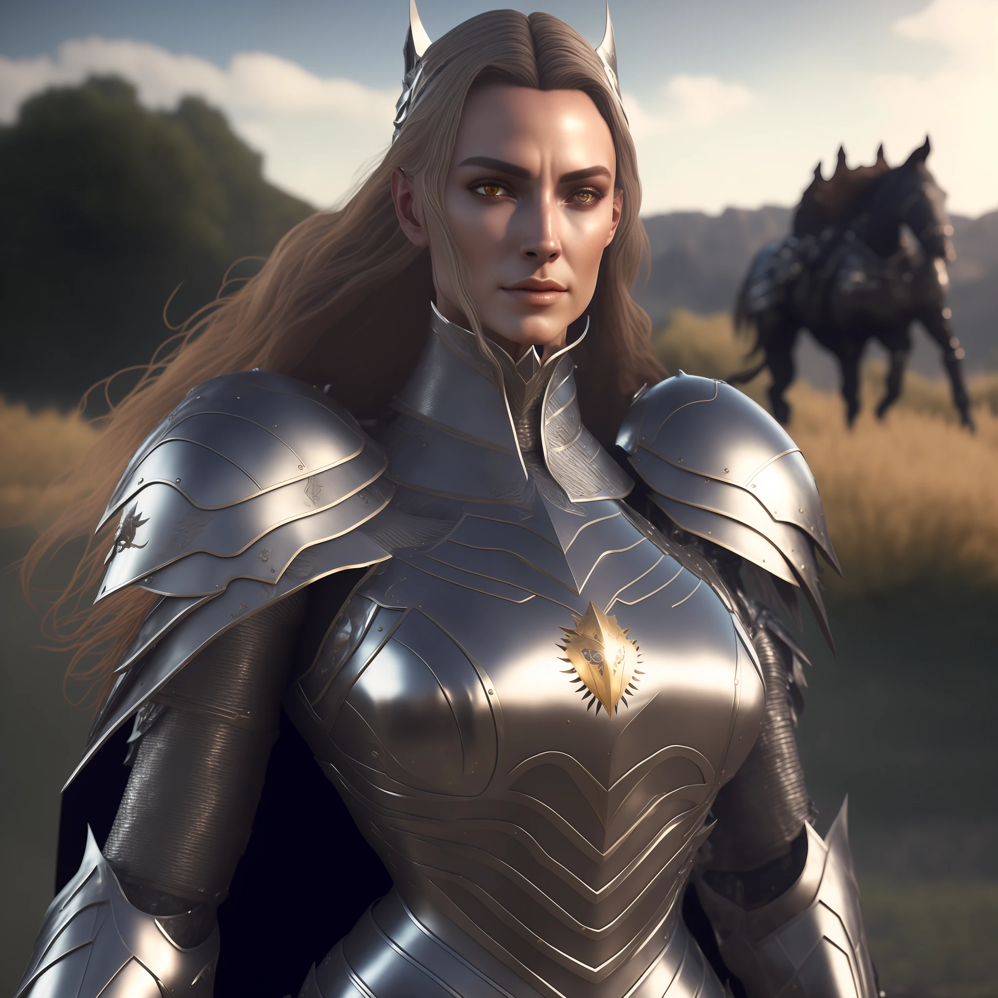 there is a woman in a silver armor with a horse in the background, beautiful female knight, girl in knight armor, of a beautiful female knight, wearing witchblade armor, fantasy paladin woman, wearing fantasy armor, stunning armor, gorgeous female paladin, fantasy style 8 k octane render, unreal engine render + a goddess, female knight, wearing intricate steel armor