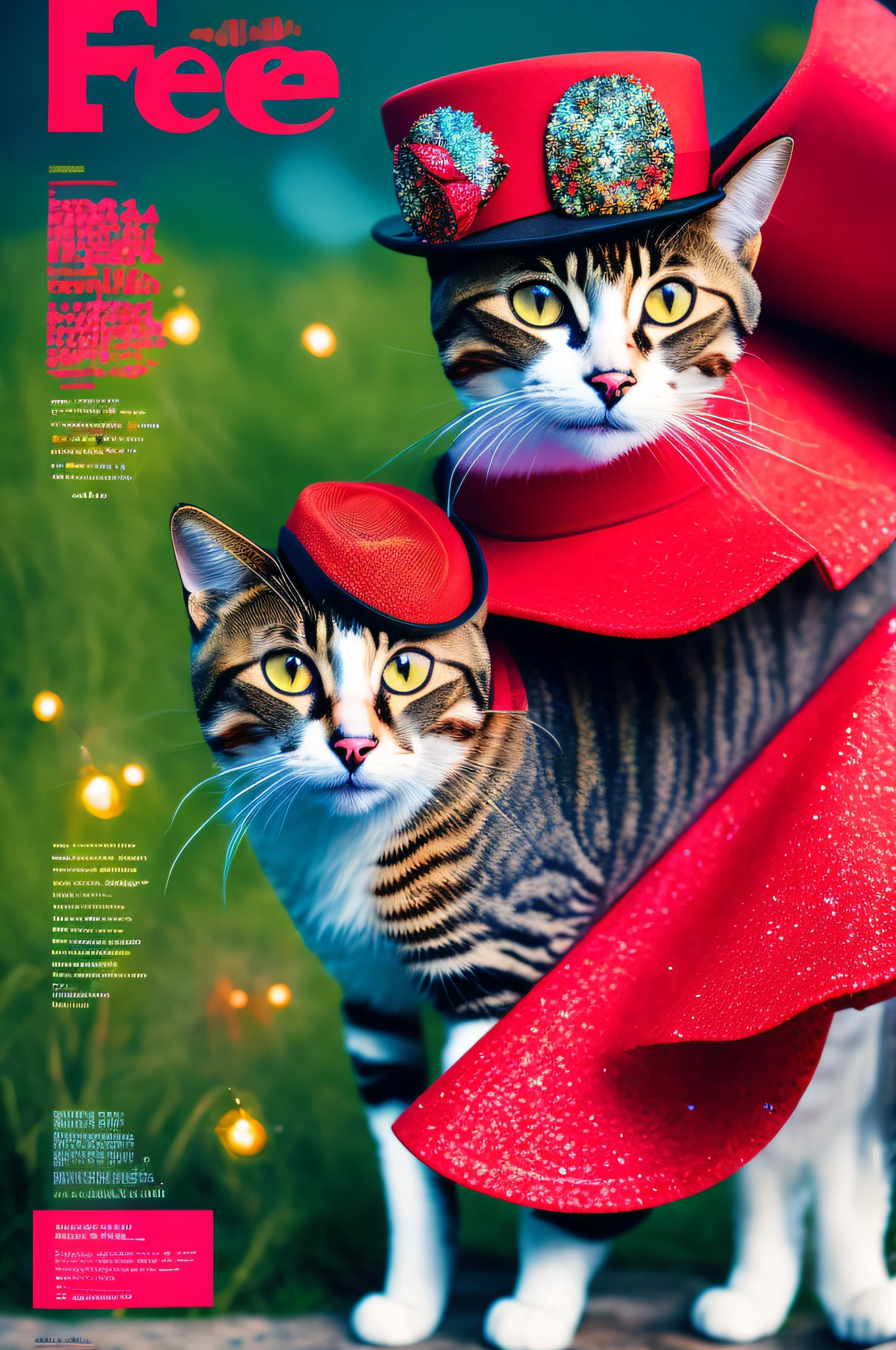 On the cover of the magazine there is one fashionable cat on the catwalk wearing a red skirt and hat, colorful bokeh fireflies, outdoors, ((magazine cover)), the cover of a fashion magazine about animals, bright large lettering, close-up, best quality, masterpiece