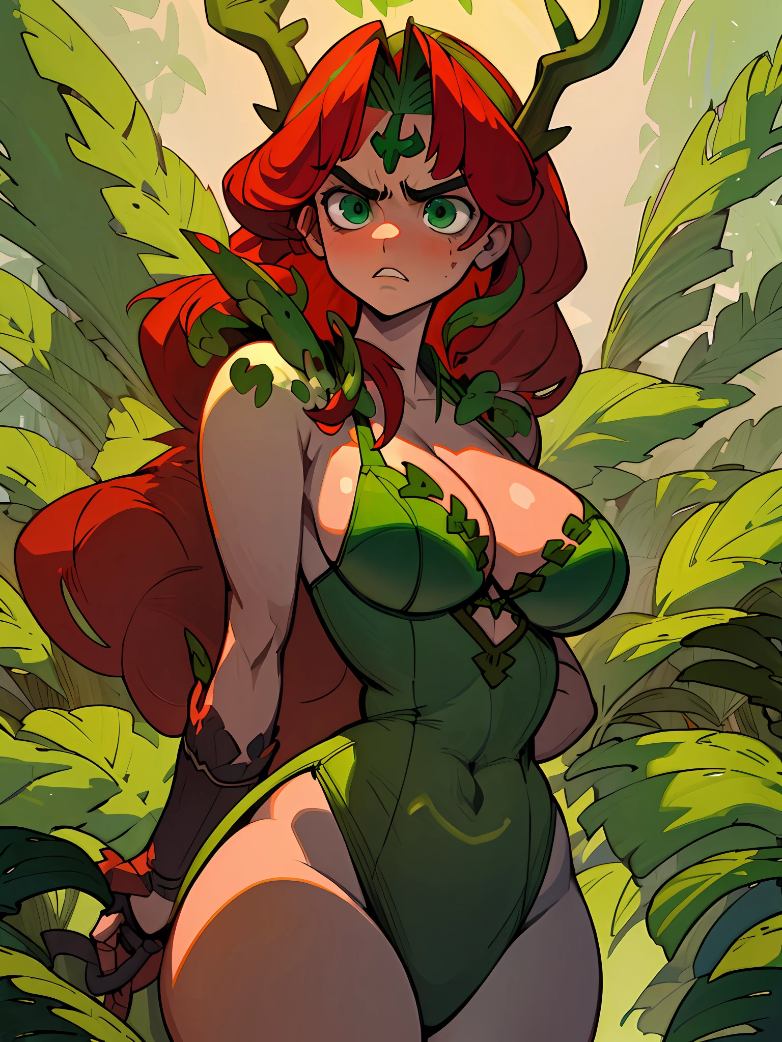 (green skin:1.2), thick thighs, wide hips, 8k, huge resolution, cleavage focus, angry expression, (antlers:1.2), leaf bra, (plant girl:1.2), nighttime, red hair styled in loose waves, thick brows, primitive spear