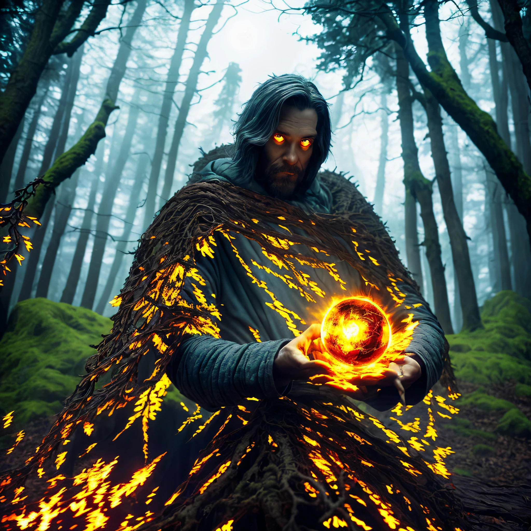 there is a man holding a glowing ball in his hands, an arcane wizard casting a spell, portrait of a forest mage, a sorcerer casting a fireball, evil fire sorceress in the woods, fantasy character photo, vecna from stranger things, spell casting wizard, evil male sorcerer, high quality fantasy stock photo, wizard casting a spell