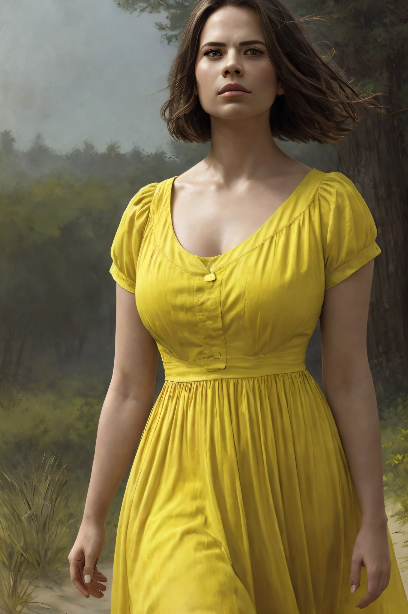 (Thirty year old) woman, wearing a (yellow summer dress::1.3), beautiful legs, dreamy photo, dramatic pose, looking directly at camera, intense stare, slight smile, soft expression, flirty, beautiful beach landscape, misty, Canon, (Detailed features::1.2), real life. Hayley Atwell, intricate, 8k, highly detailed, (extremely detailed CG unity 8k wallpaper), ((square jaw)), (well defined jaw), (downturned lips), (detailed anatomy), Hyperrealistic full shot body image, trending on CGSociety, Intricate, High Detail, Sharp focus, dramatic, volumetric lighting, digital painting, intense, modelshoot style, (extremely detailed CG unity 8k wallpaper), full shot body photo of the most beautiful artwork in the world, pearl skin, Atey Ghailan, Studio Ghibli, by Jeremy Mann, Greg Manchess, Antonio Moro, trending on ArtStation, photorealistic painting art by midjourney and greg Rutkowski
