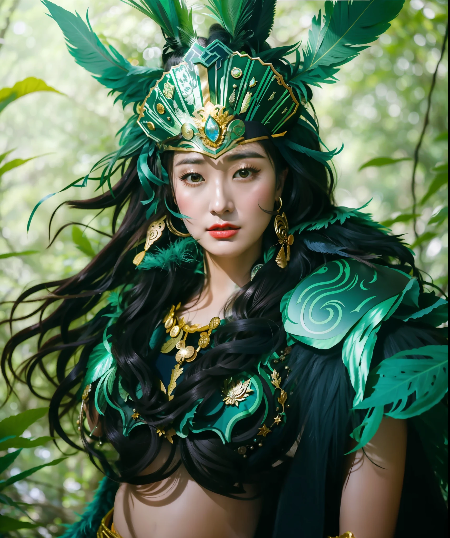 In the dense forest, close-up portrait of a woman in a costume with big, feathered on her head, portrait of modern darna, inspired by Julian, inspired by Biang Liang, empress, Puhua, Neza of Smite, Mu Yang Ling inspired by the sea queen Li Kang, Shanxia hero, inspired by the beautiful fantasy empress Li Tang