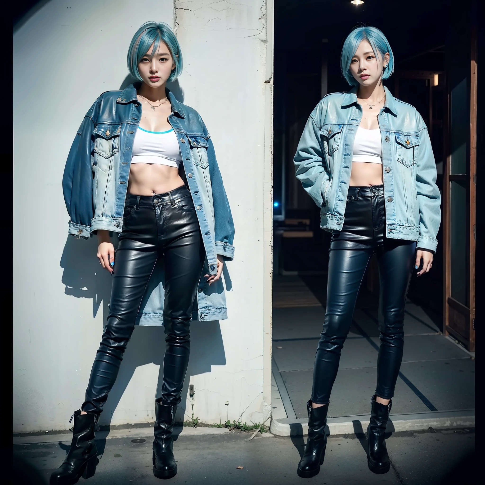 Masterpiece Best Quality Japan Women 18 Years Old Boyish Tall Big Tits Looking At Camera Full Body All Light Blue Light Blue Hair Short Cuts Riders Jacket Leather Pants Leather Boots