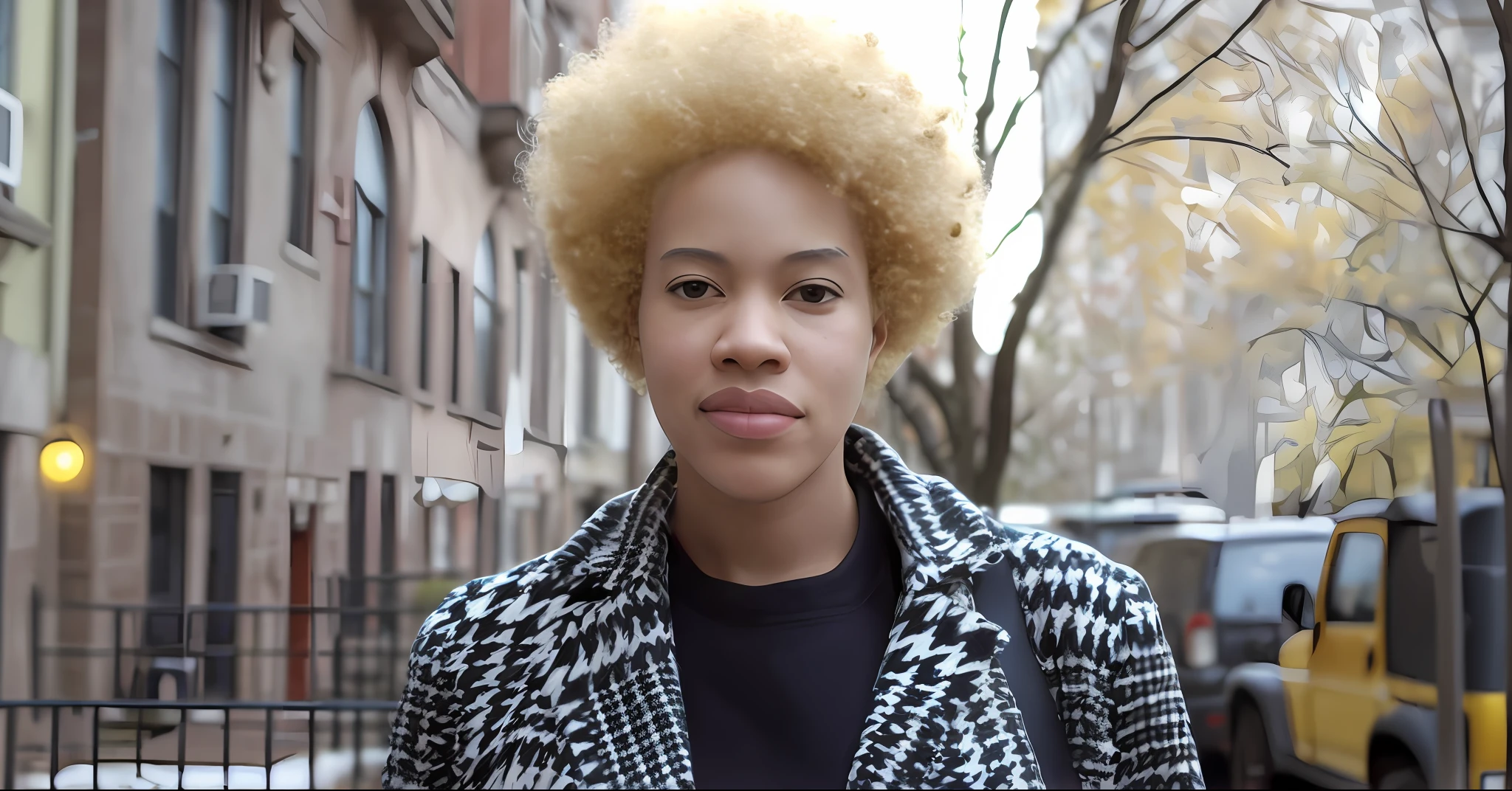 blonde woman with a black and white coat and a black shirt, short blonde afro, with afro, big afro, photo of a black woman, afro red, afro gigante!, mixed-race woman, albino hair, miranda meek, big red afro, inspired by Eleanor Layfield Davis, afro curly, afro, young african with light skin, jamel shabazz, well detailed photo,