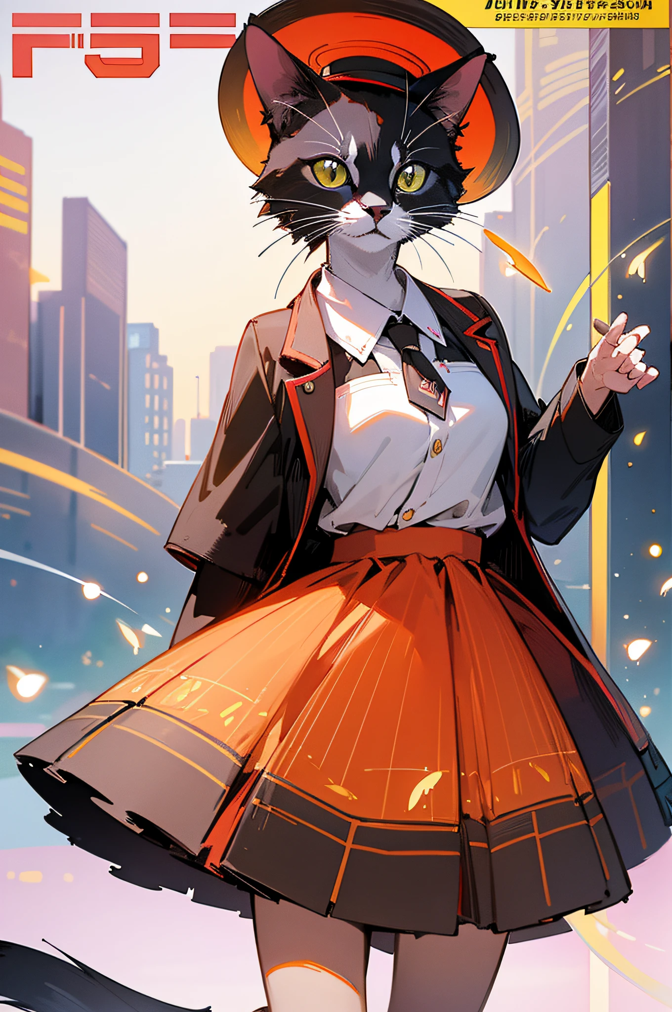 On the cover of the magazine there is one fashionable cat on the catwalk wearing a red skirt and hat, colorful bokeh fireflies, outdoors, ((magazine cover)), the cover of a fashion magazine about animals, bright large lettering, close-up, best quality, masterpiece
