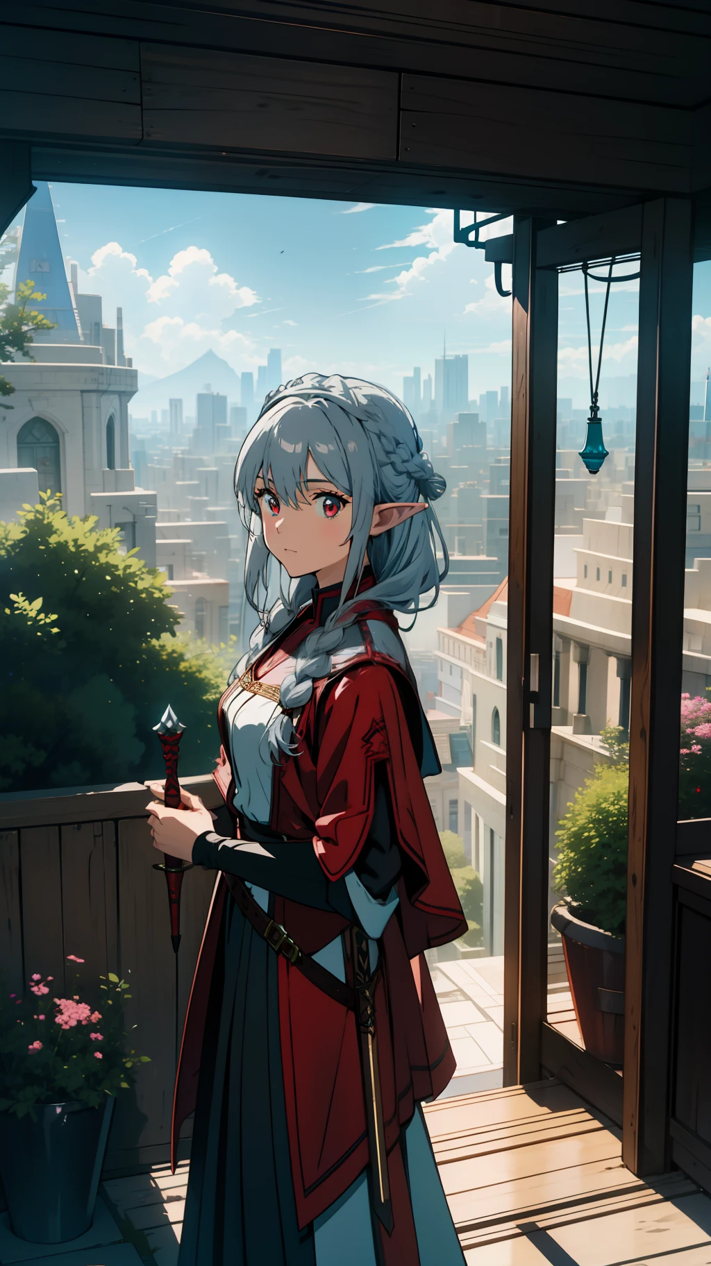 Overlooking the city, close up of one girl, elf wizard, silver hair, red eyes, braid, leather armor, adventurer style, holding a magic wand, concept art, beautiful anime scene, beautiful anime landscape, top rated on pixiv, top quality, 4K
