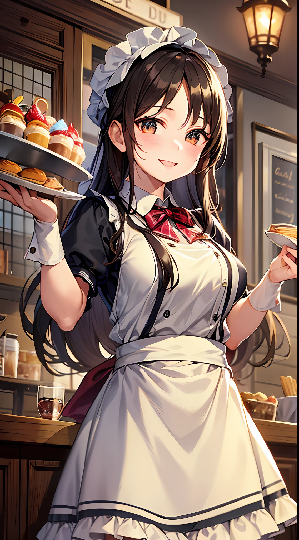 A waitress girl in a bonnet, in an old outfit, brought sweets on a tray, a full tray of food and spirits, a sweet smile, a cute waitress, an old cozy café