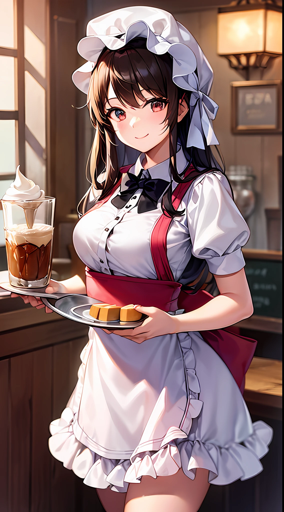 A waitress girl in a bonnet, in an old outfit, brought sweets on a tray, a full tray of food and spirits, a sweet smile, a cute waitress, an old cozy café