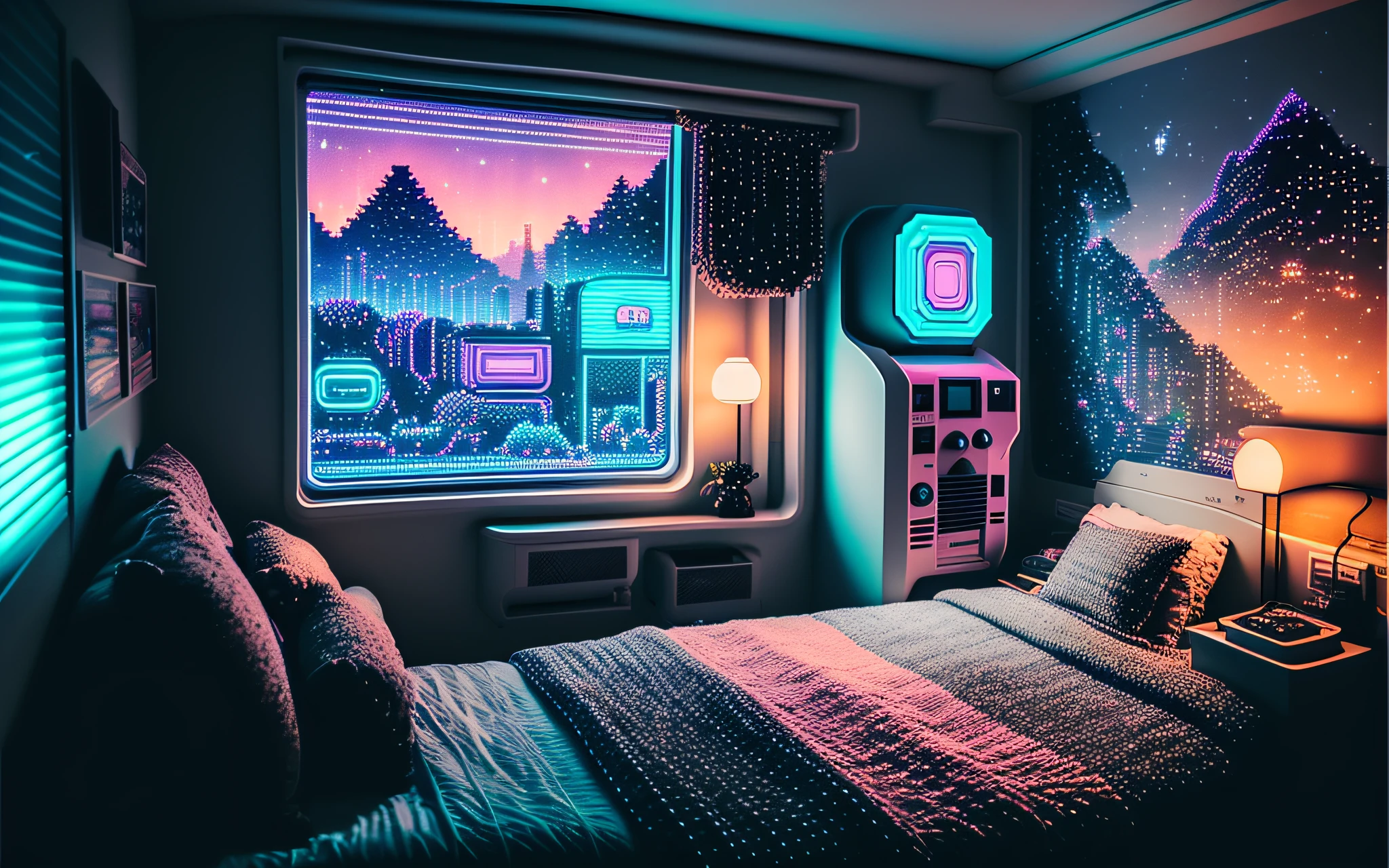 photo of a cozy upscale Atari-64 neo-gameboy futurism bedroom