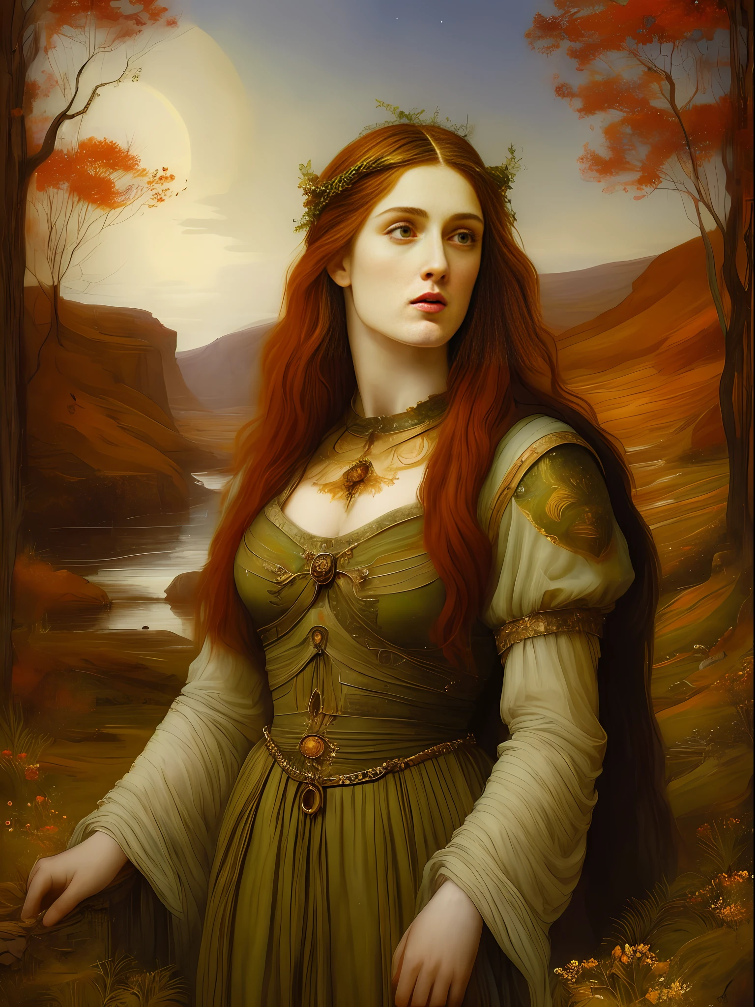 (((Pre-Raphaelite painting))) druid, Angelic being with masculine affections, a creator being of the universe, mythology, In the background of the image, a scenario of celestial mountains, orange clouds, with strong and striking features, and mythological and angelic touches on the characters