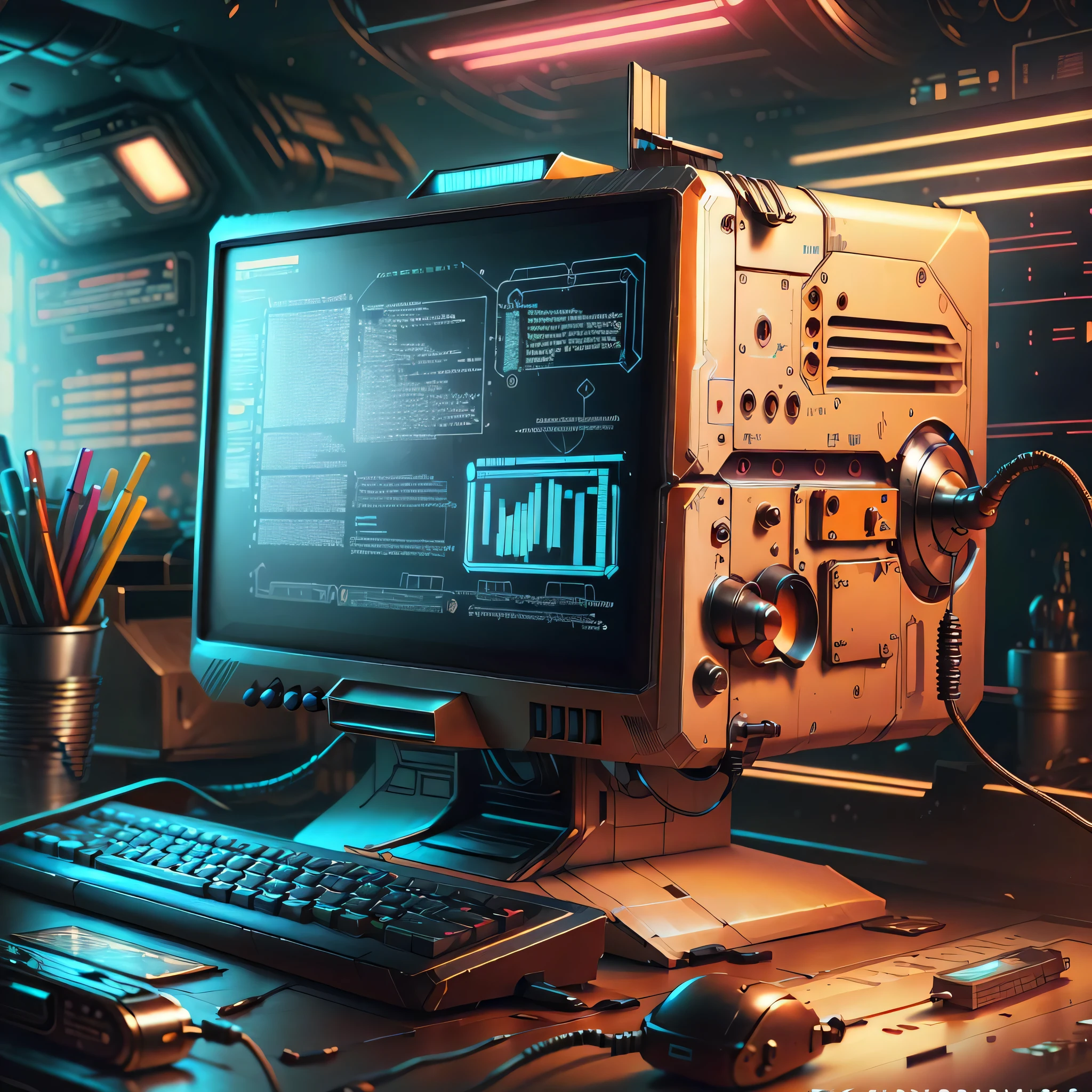 concept art RetroFuturismAI computer, bulky monitor