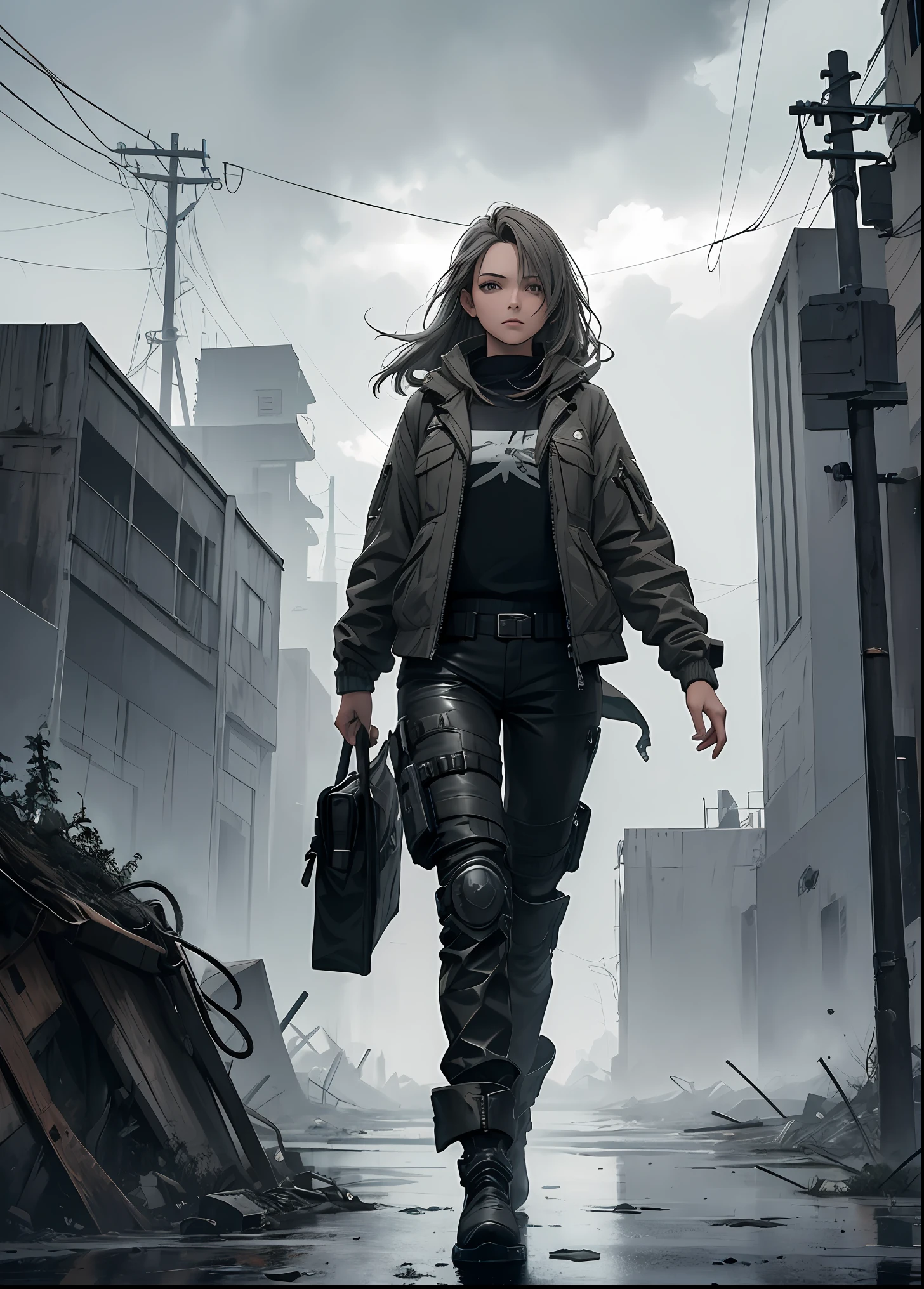 Best quality, masterpiece, highly detailed, 1 girl ,solo, beautiful, jacket, long pants, long hair, in a post apocalyptic world, massive landscape, grey clouds, no grass, hideo kojima style, gloomy atmosphere, windy, foggy, mysterious, main palette is grey