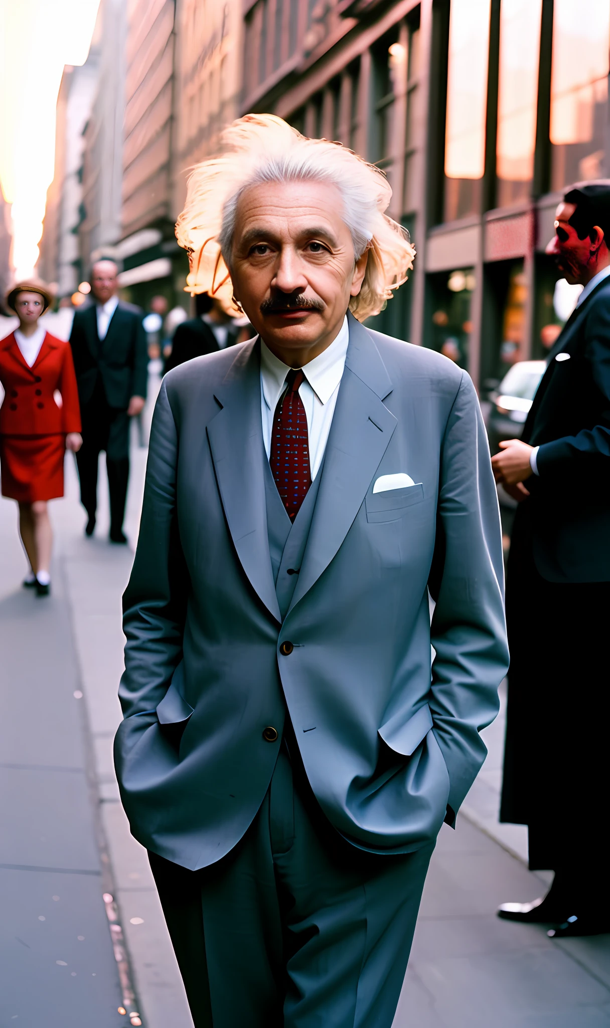 1960s street style photo of Einstein in Soho New York, wearing Giorgio Armani yellow suit, sunset, shot on Agfa Vista 200, 4k.