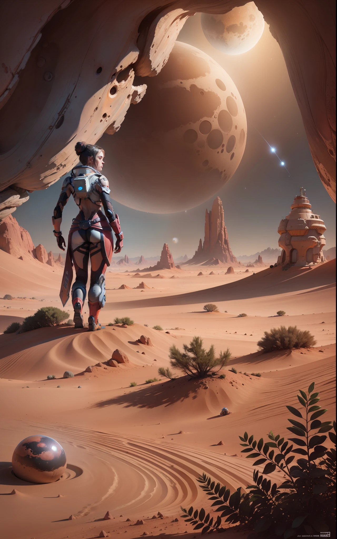 "A lost girl on Mars", cinematic, "planets around":0.6)