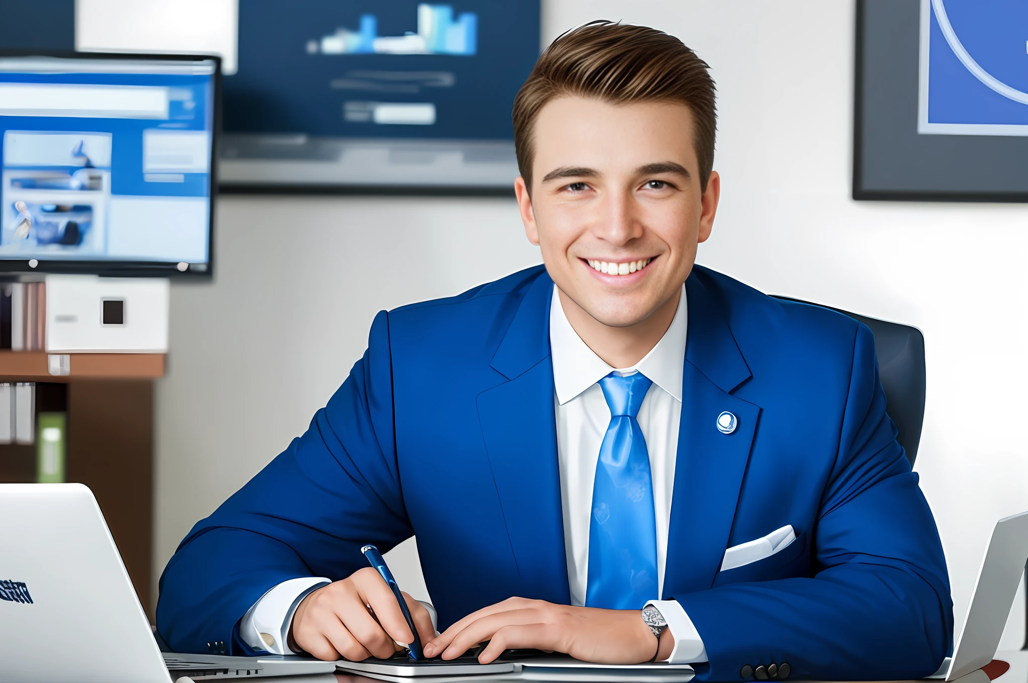 (Professional businessman), (executive, ceo, and manager), wearing a (blue suit), smiles happily while sitting at his (desk) in the (office) working on his (laptop computer), sharing laughter with coworkers. (Portrait) of success.
