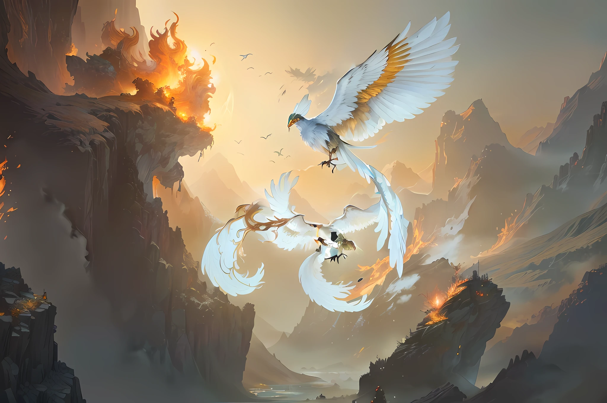 There is a bird flying over the mountains, Yang J, 4k highly detailed digital art, "Phoenix resting, surrounded by flame wallpaper, highly detailed fantasy art, phoenix artwork, beautiful digital artwork, detailed fantasy digital art," phoenix wallpaper, reborn from the ashes, flame, huang shen, bayard wu, inspired by Ma Yuan, d&d fantasy digital art, phoenix fantasy, phoenix concept art, giant bird, flying, phoenix art, legendary phoenix, phoenix oil painting, photography grade, CG, 8K