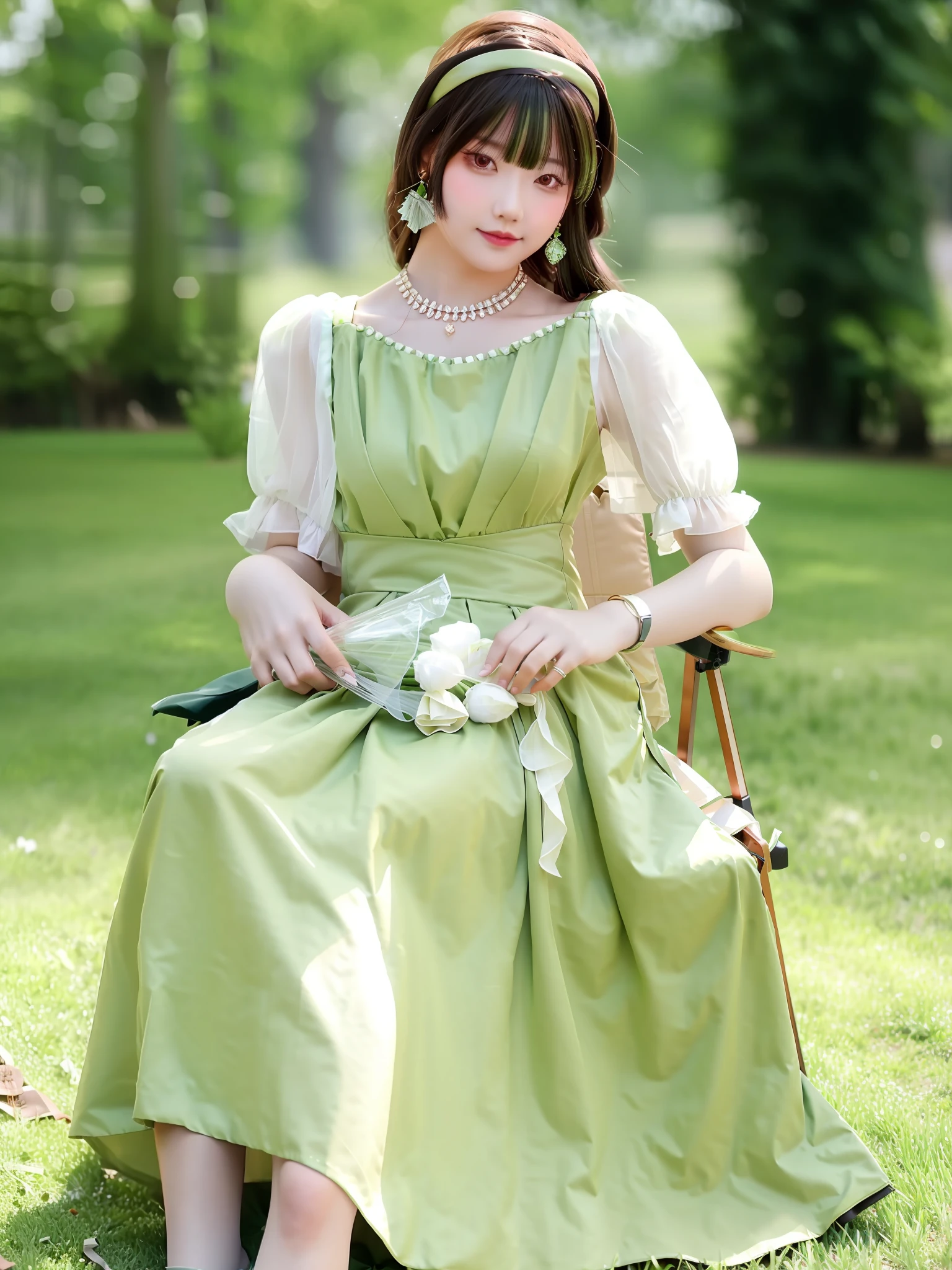 woman sitting on a chair in a park with a green dress, light green dress, green dress, romantic dress, jia, sha xi, soft silk dress, flowing dress, ( ( dark green, elegant dress, puff sleeves, olive green, pastel green, eora, olive, wearing a flowing dress, with, full length view, light green, dark green