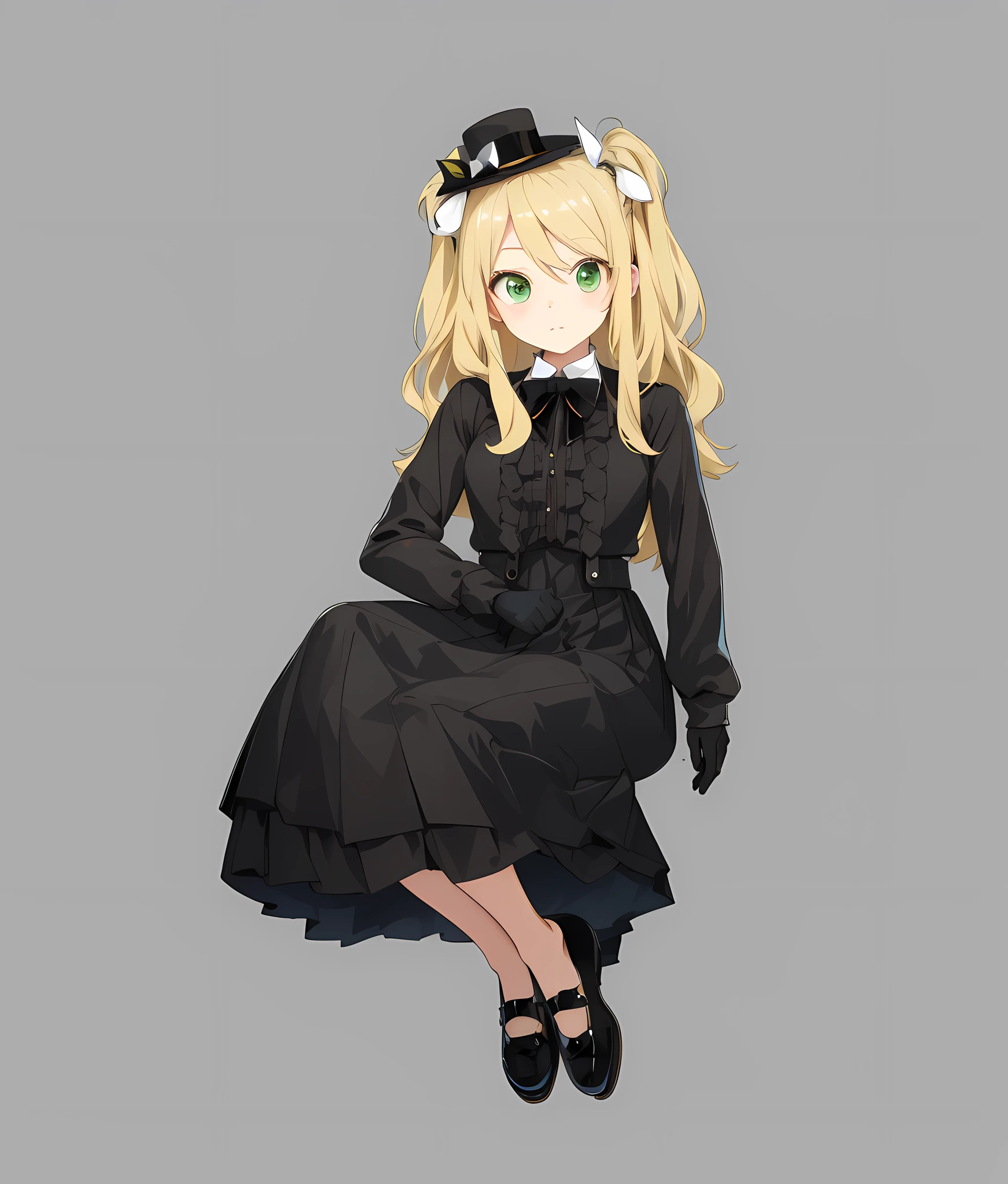 Anime girl in black dress and hat, perfect body curves, cute loli style, delicate clothing, anime style, full body model, moe style, Lolita portrait, moe art style, dynamic angle and posture, beautiful and detailed, a girl, blonde hair, black gloves, black leather shoes, black top hat, green eyes, skirt pleats, black leather shoes, sitting position