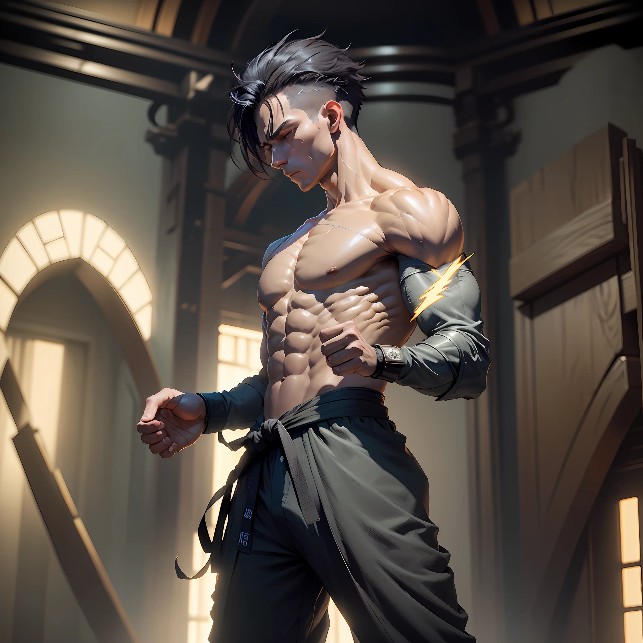Male character with shadow and lightning powers, wrapped around the body, looking down, with a karate fighting pose, preparing for a fight. Detail, the body of the persogem appears completely in the image. With darker backdrop. He wears baggy clothes