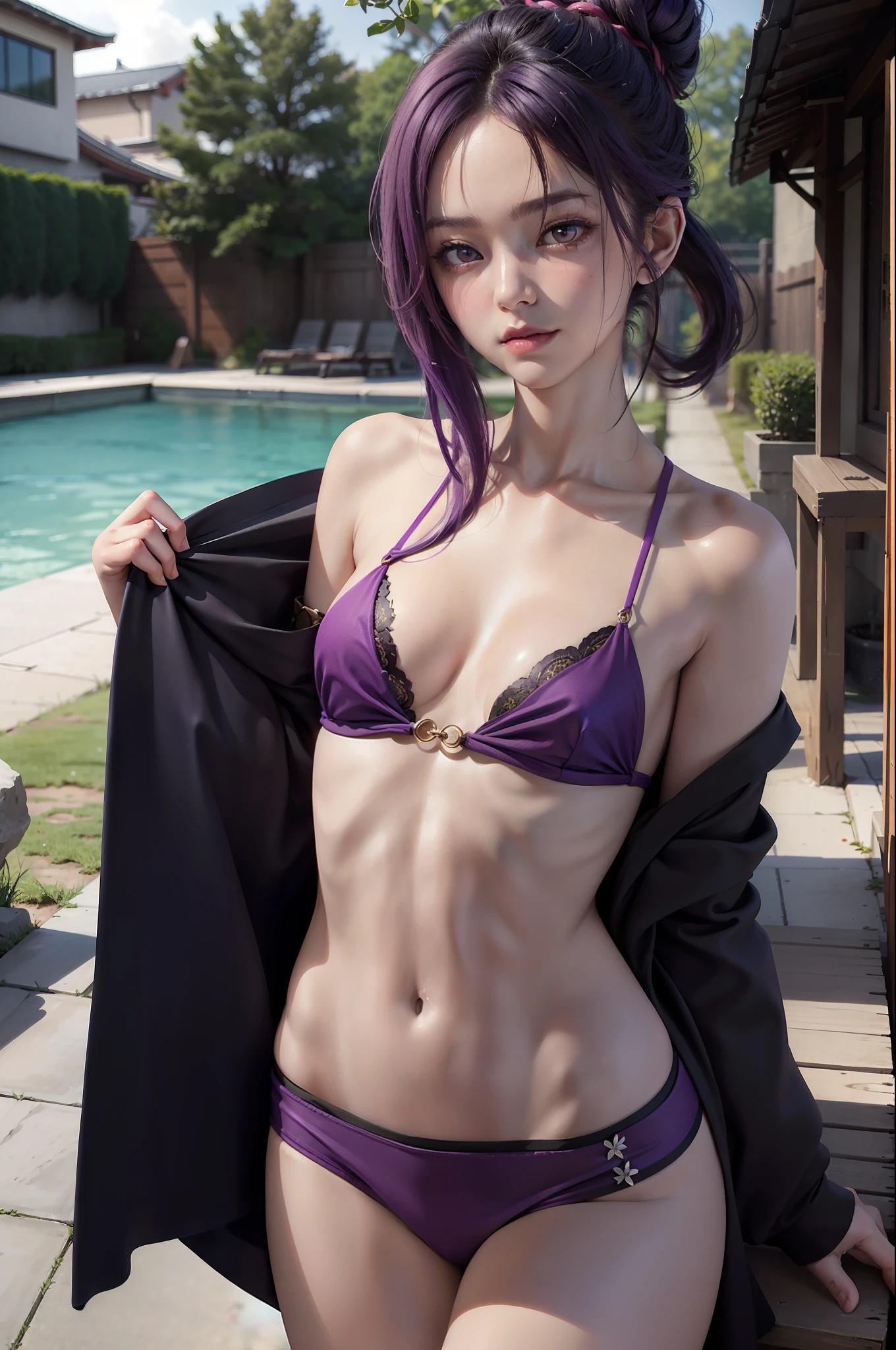 (best quality:1.1), (masterpiece:1.2), portrait,
1girl, yuzuriha_(jigokuraku), purple hair, brown eyes, ninja, open clothes, cleavage, small breasts, topknot, medium hair, breasts apart, white obi, smirk, outdoors, (blush:1.1), flowers,
Pure_Innocent_girl, pureerosface_v1, (((torso))), pov, (((depth of field))), pale and lustrous skin,