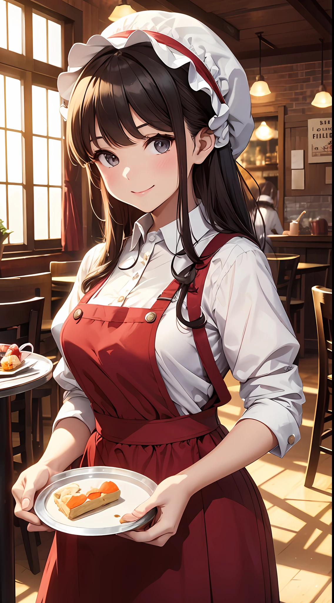 A waitress girl in a bonnet, in an old outfit, brought sweets on a tray, a full tray of food and spirits, a sweet smile, a cute waitress, an old cozy café