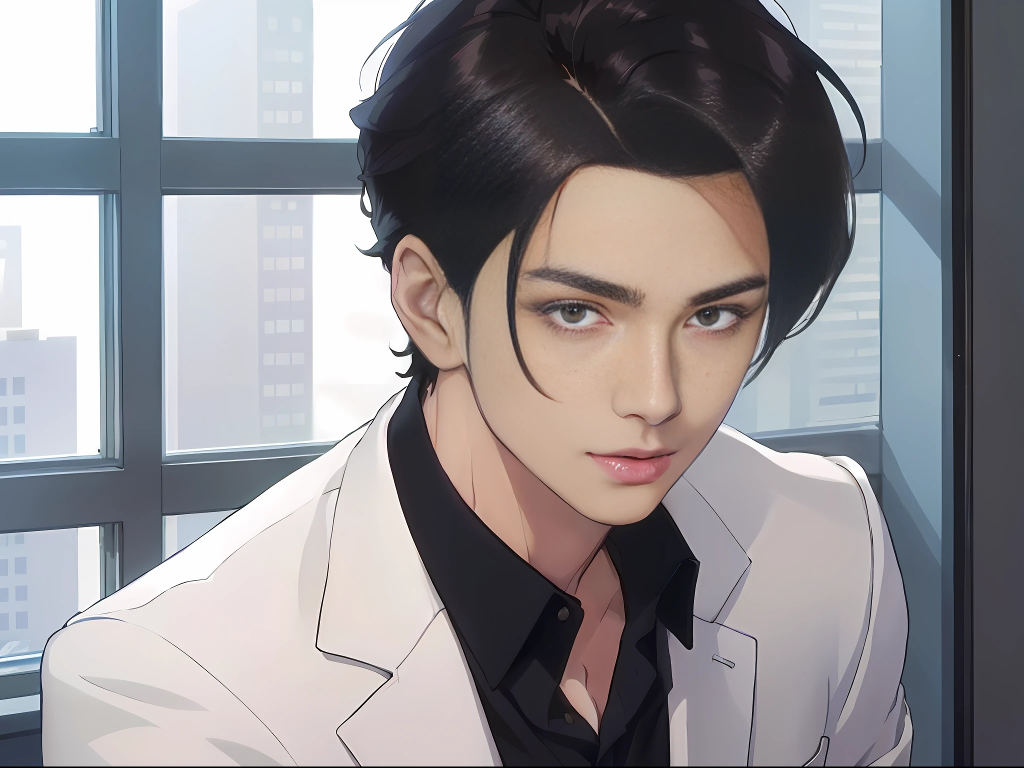 anime man in white suit and black shirt looking at camera, anime handsome man, anime portrait of a handsome man, handsome guy in demon slayer art, delicate androgynous prince, sakimichan frank franzzeta, beautiful androgynous prince, inspired by Yanjun Cheng, tall anime guy with blue eyes, sakimichan, high quality portrait