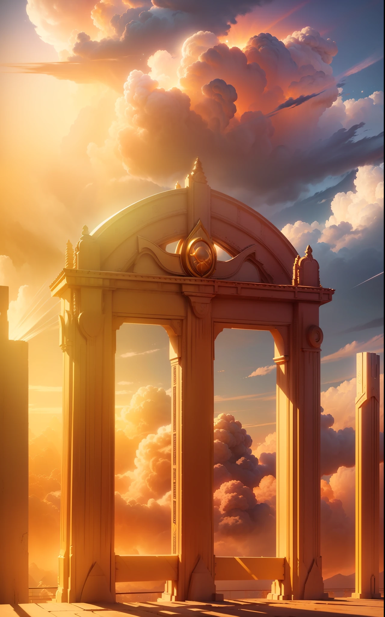 (extremely detailed CG unity 8k wallpaper, masterpiece, best quality, ultra-detailed),(best illumination, best shadow, heavenly golden sky gate, beautiful scene, voluminous clouds:1.2, particles, ethereal atmosphere)