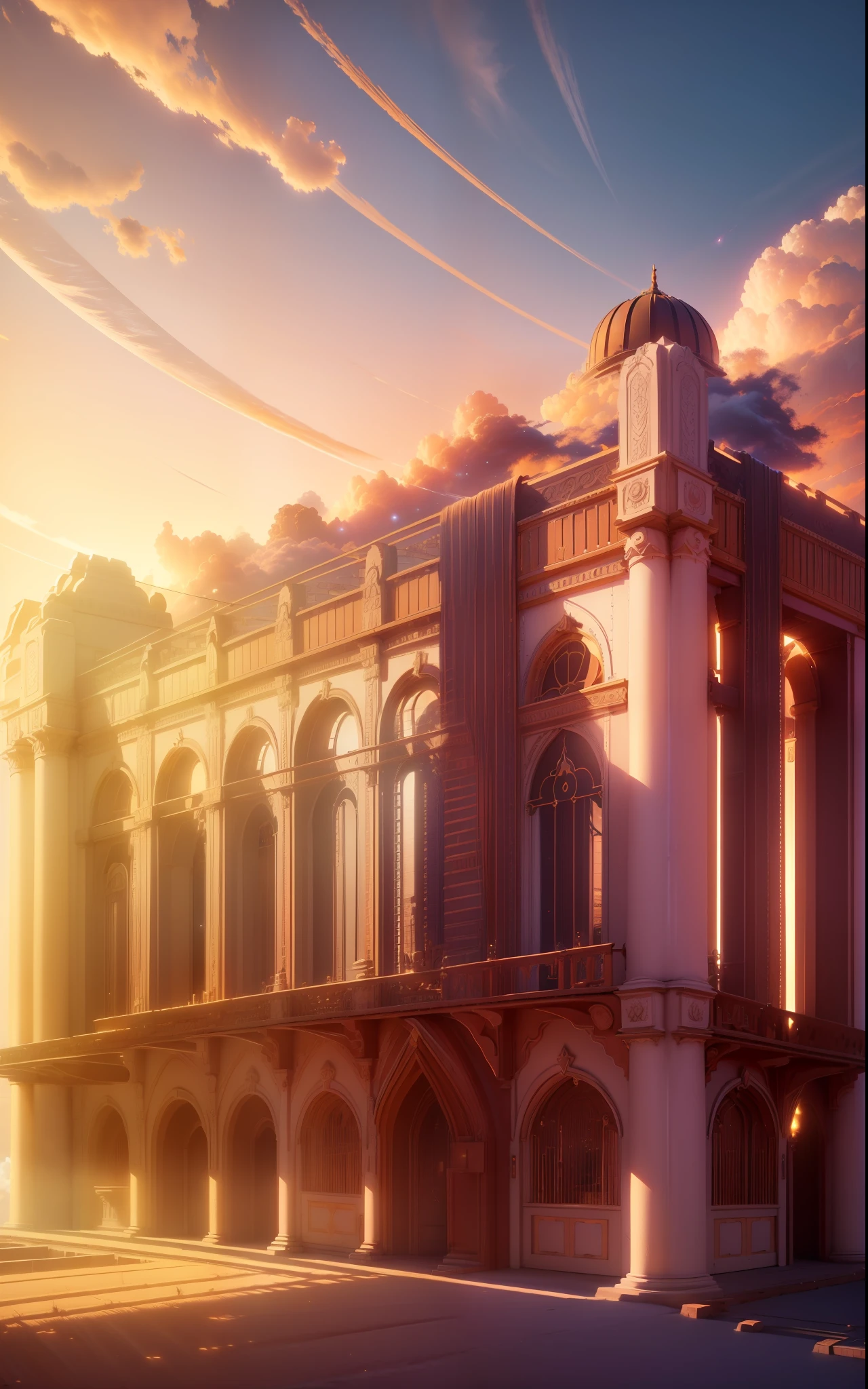 (extremely detailed CG unity 8k wallpaper, masterpiece, best quality, ultra-detailed),(best illumination, best shadow, heavenly golden sky gate, beautiful scene, voluminous clouds:1.2, particles, ethereal atmosphere)