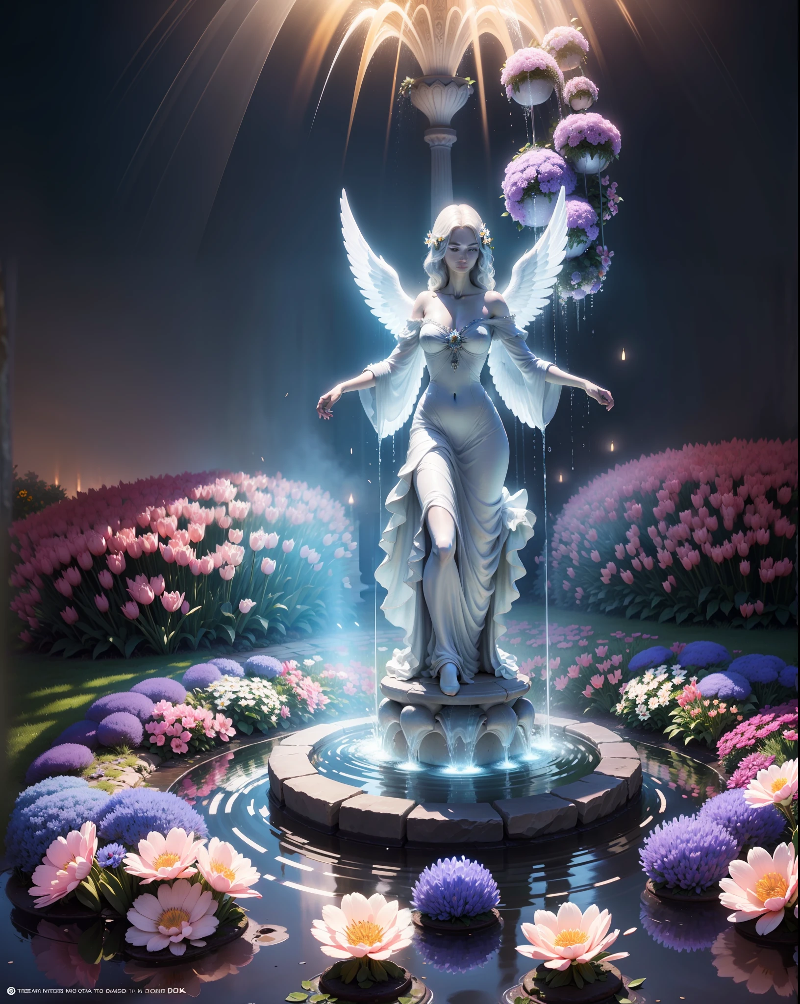 The garden has a variety of flowers, such as tulips, daisies, all in various cool colors. The garden also has a circular fountain with crystal clear water, a statue of an angel with open wings and some lit white candles. The fountain, statue and candles add a touch of light and harmony to the garden. Surrealism, high detail, Realism, cinematic lighting, drop shadow, vanishing point, atmospheric perspective, Eye-Level Shot, first-person view, dutch angle, hatching (texture), UHD, retina, masterpiece, anatomically correct, high details, award winning, best quality, 8k --auto --s2