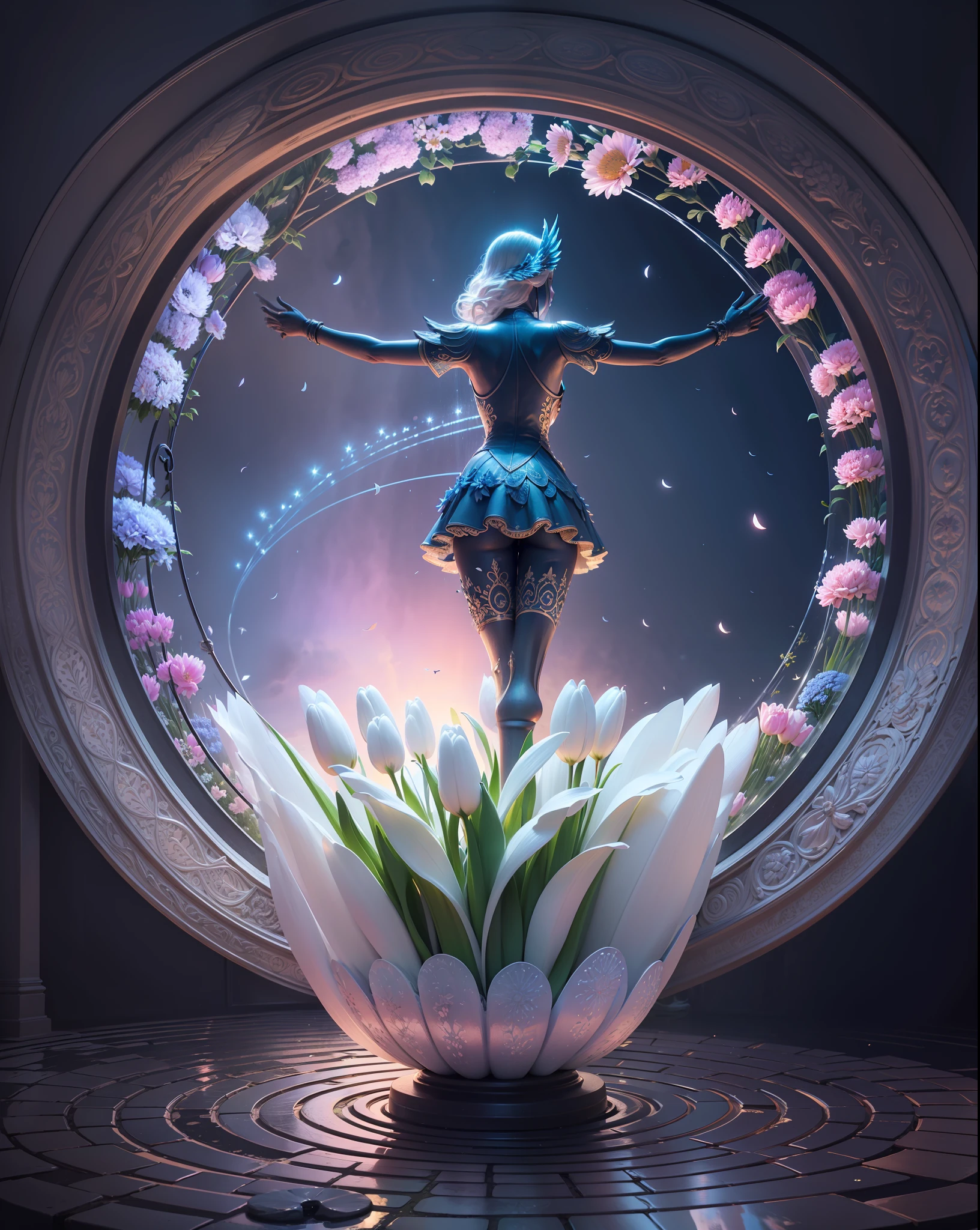 The garden has a variety of flowers, such as tulips, daisies, all in various cool colors. The garden also has a circular fountain with crystal clear water, a statue of an angel with open wings and some lit white candles. The fountain, statue and candles add a touch of light and harmony to the garden. Surrealism, high detail, Realism, cinematic lighting, drop shadow, vanishing point, atmospheric perspective, Eye-Level Shot, first-person view, dutch angle, hatching (texture), UHD, retina, masterpiece, anatomically correct, high details, award winning, best quality, 8k --auto --s2