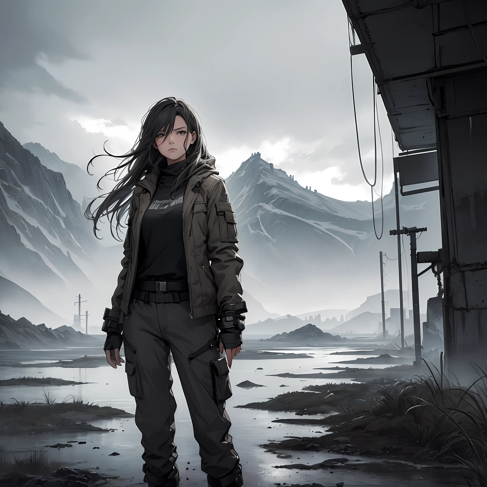 Best quality, masterpiece, highly detailed, 1 girl ,solo, beautiful, jacket, long pants, long hair, in a post apocalyptic world, massive open landscape, grey clouds, no grass, hideo kojima style, gloomy atmosphere, windy, foggy, mysterious, main palette is grey, tense, serious, dangerous, horizon, mountains, rain, shallow water