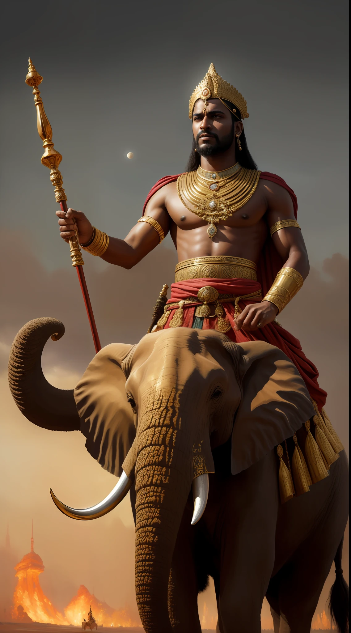 (masterpiece, best quality, oil painting:1.3), Ashoka the Great, resplendent in ornate war attire, (piercing, determined eyes:1.4), standing tall amidst a raging battlefield, clash of swords, trumpeting war elephants, gritty, dust-laden atmosphere, warm tones, turbulent sky, Greg Rutkowski inspired style.