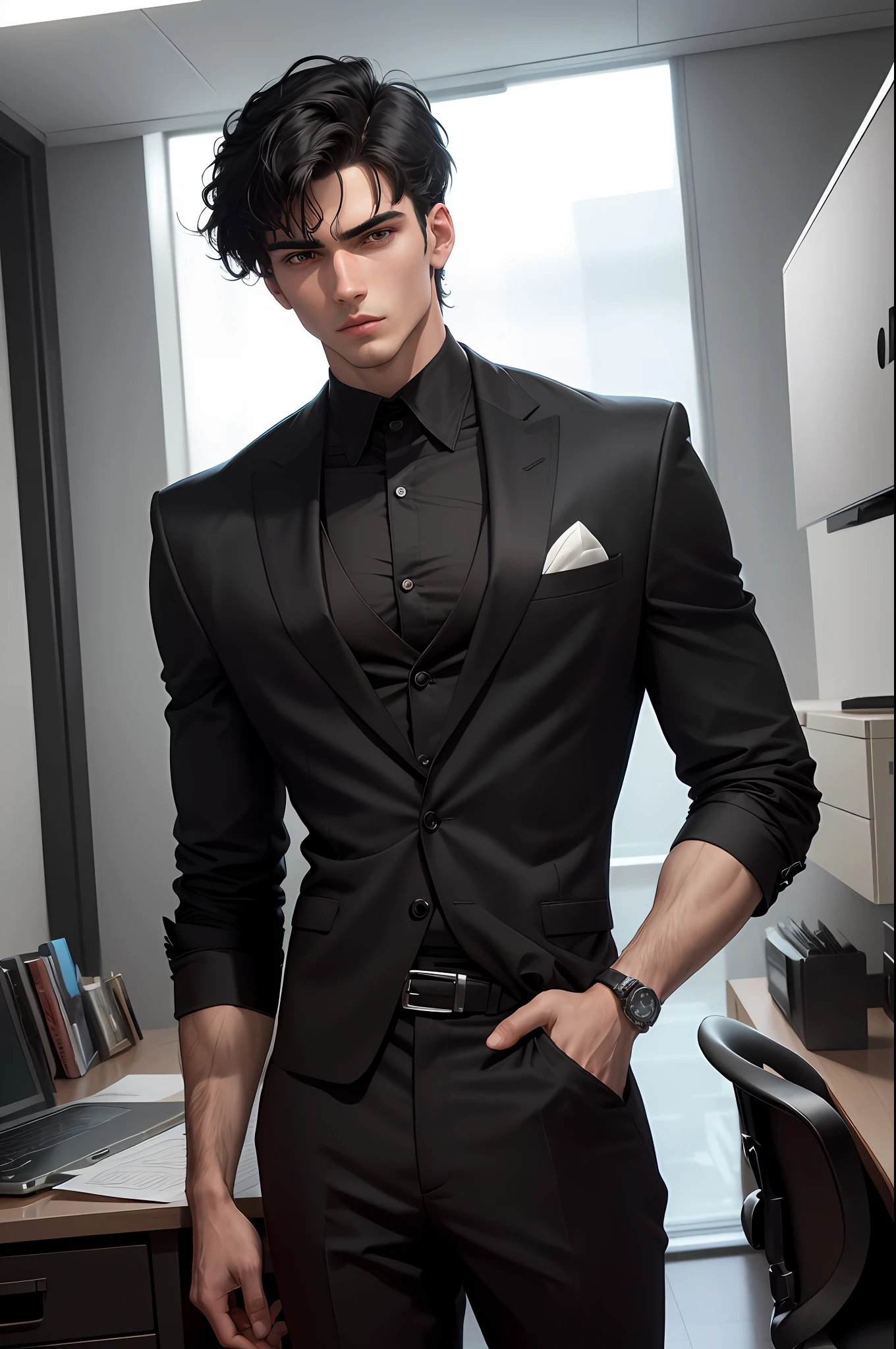 (highest resolution, distinct_image) Best picture quality, male god masterpiece, high detail, semi-realistic, short black hair, black hair, bangs, 18 years old, mature, young, tall and strong, black suit, desk, computer, cold, serious, tall and handsome, authoritative, powerful, delicate facial features, exquisite facial features