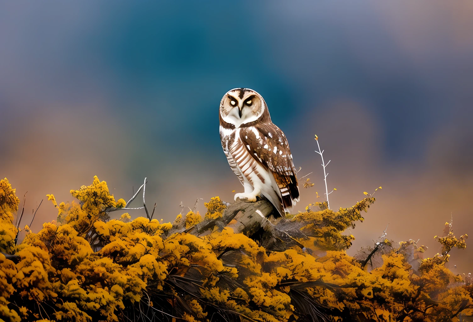 🦉🌿 Create a breathtaking nature photograph of an owl set against a leveled earth plane with fire in the sky