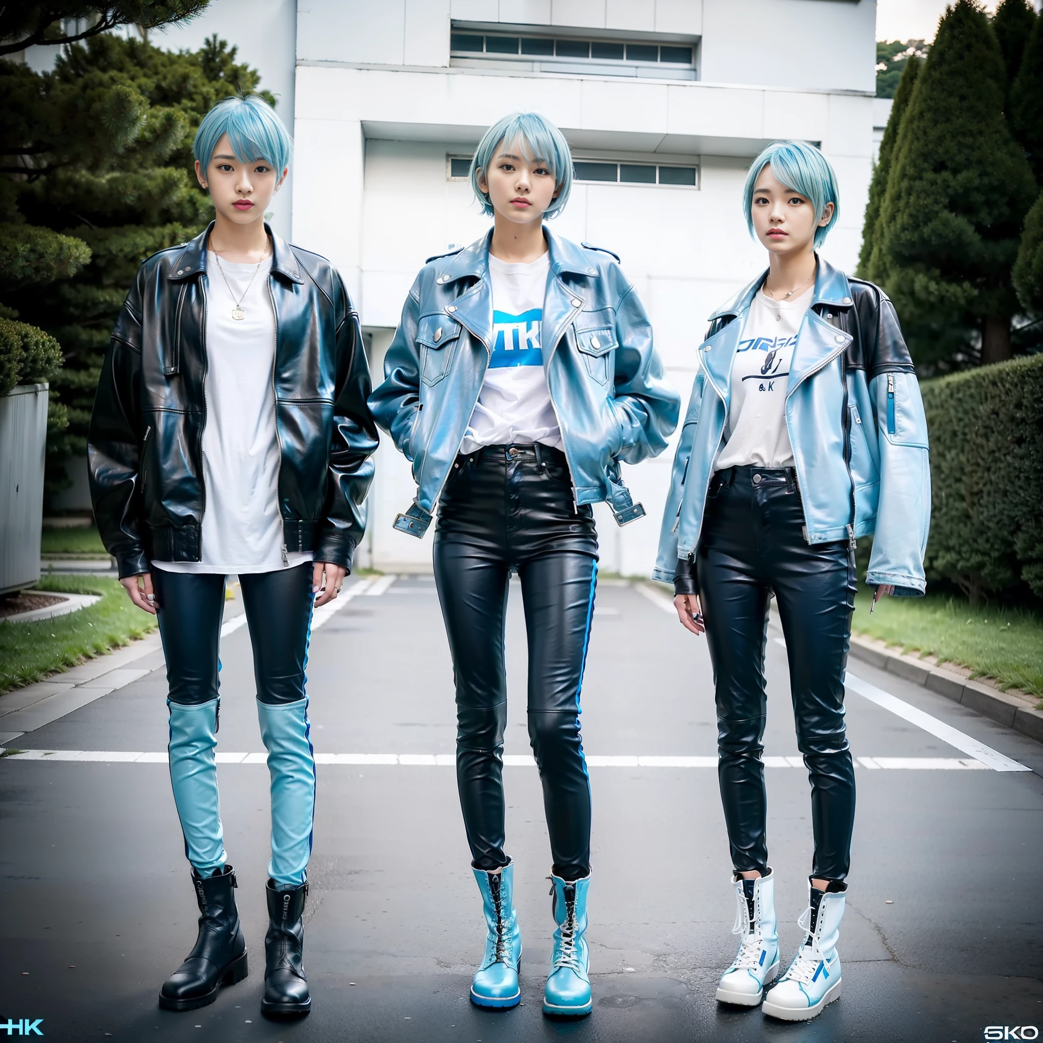 ((Masterpiece)), ((Best Quality)), ((Real)), ((8K)), (Japan Female), 18 years old, (boyish)), (Tall), (Big), Looking at camera, (Full body), (All Light Blue)))), (Light Blue Hair))), (Short Cut), (Riders Jacket), (Leather Pants), (Leather Boots)