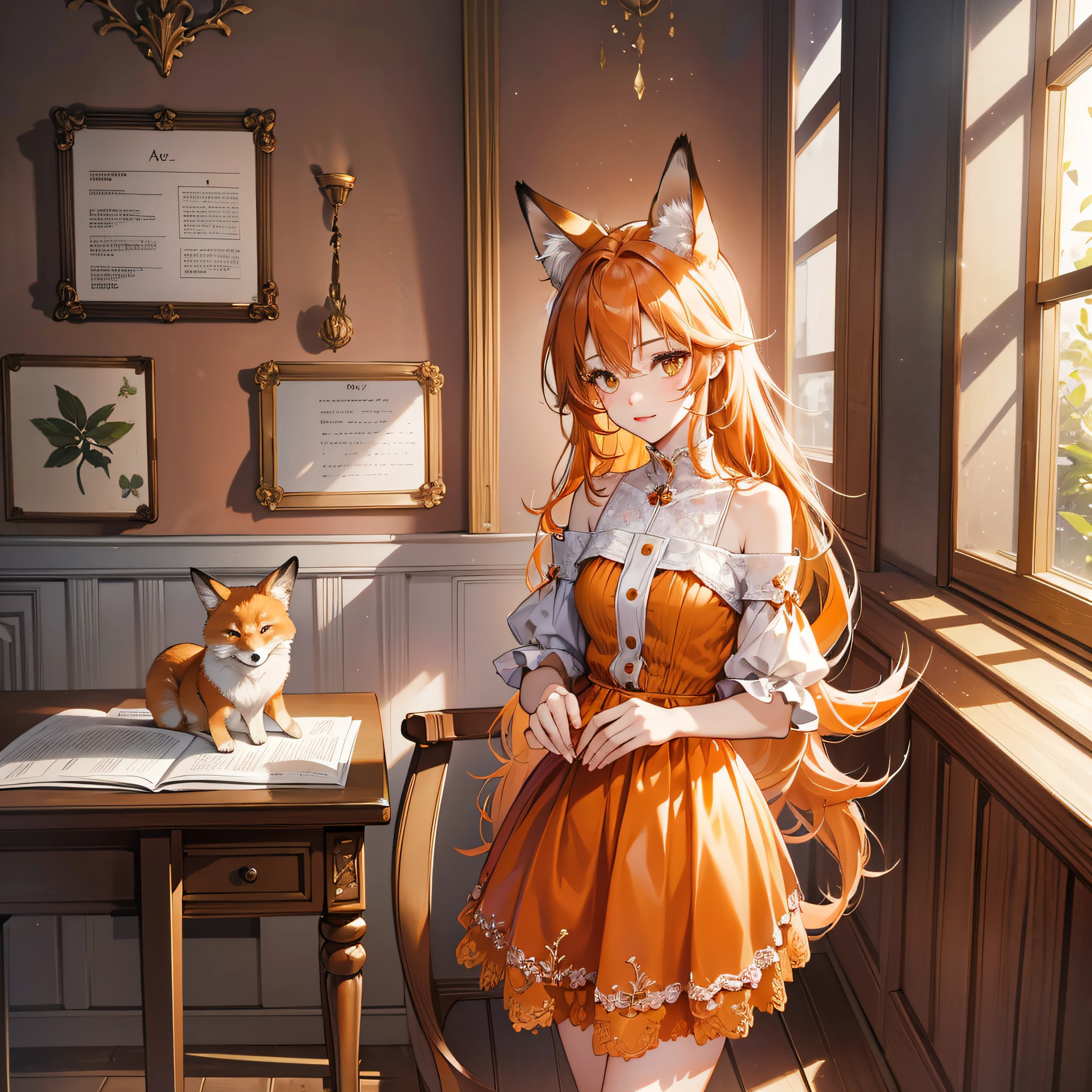 Absurd, masterpiece, high quality, highly detailed, 1girl, lifeland, fox girl, orange hair, short dress, standing, shoulders exposed, legs crossed, arms together, chair, manga style --auto --s2