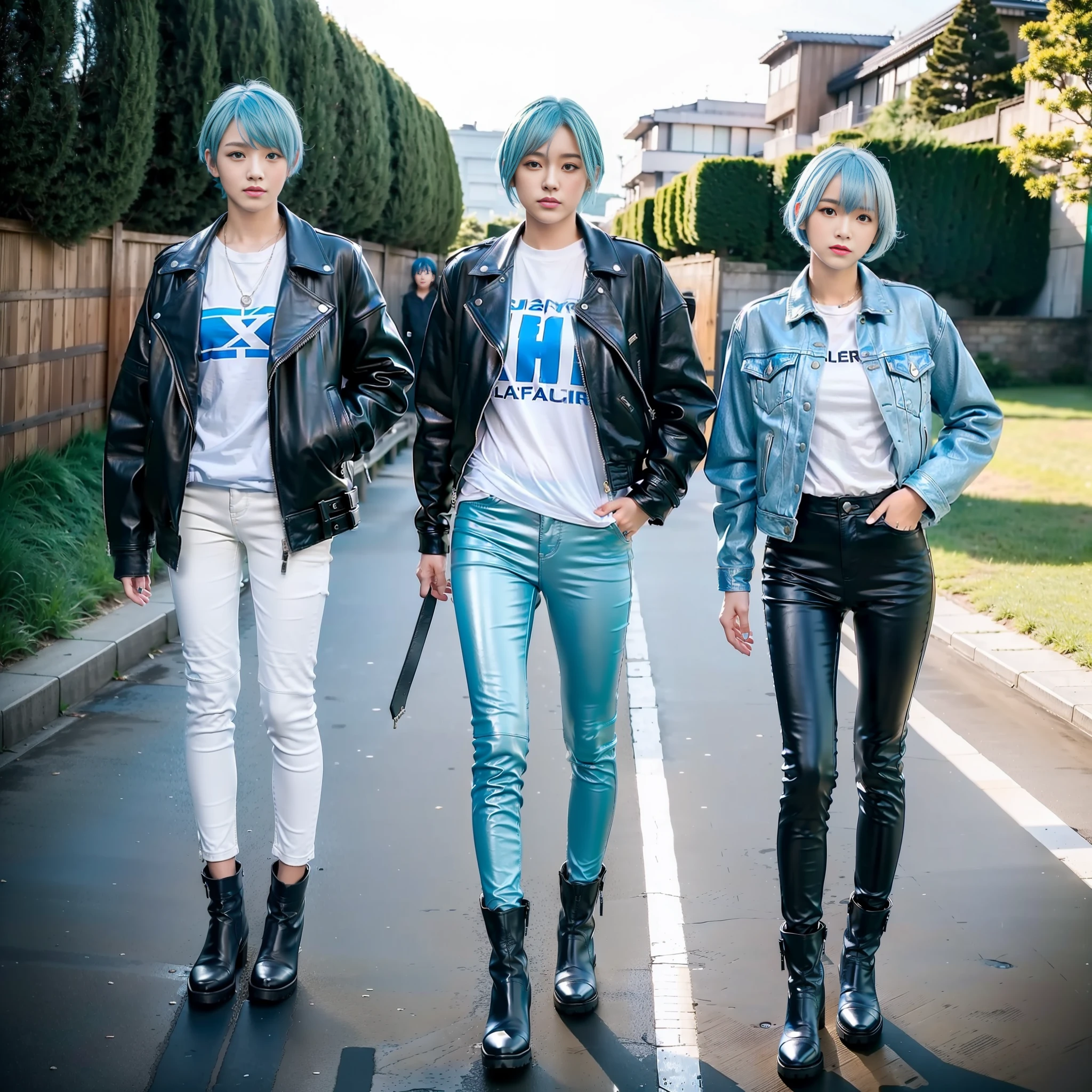 ((Masterpiece)), ((Best Quality)), ((Real)), ((8K)), (Japan Female), 18 years old, (boyish)), (Tall), (Big), Looking at camera, (Full body), (All Light Blue)))), (Light Blue Hair))), (Short Cut), (Riders Jacket), (Leather Pants), (Leather Boots)