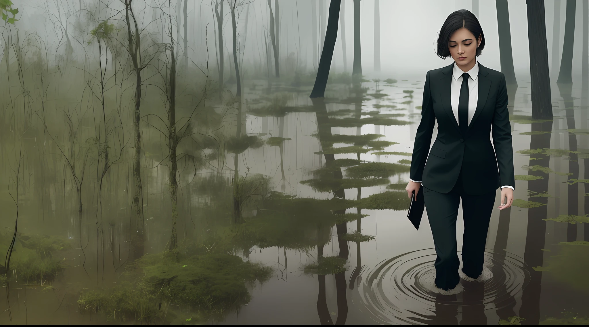 A tired beautiful woman wearing a black suit and tie, holding a briefcase, walking in a flooded mossy swamp, waist-deep water