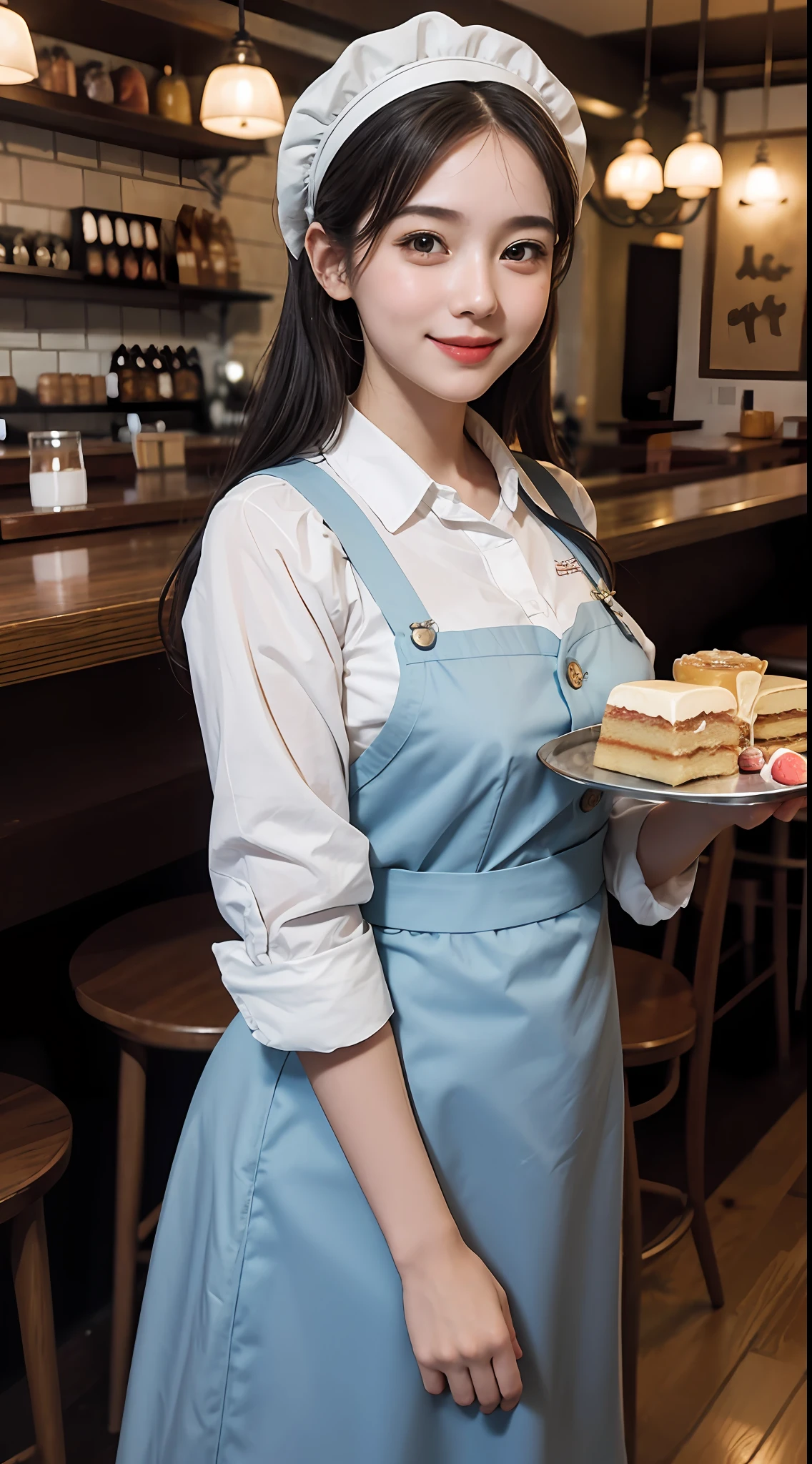 A waitress girl in a bonnet, in an old outfit, brought sweets on a tray, a full tray of food and spirits, a sweet smile, a cute waitress, an old cozy café