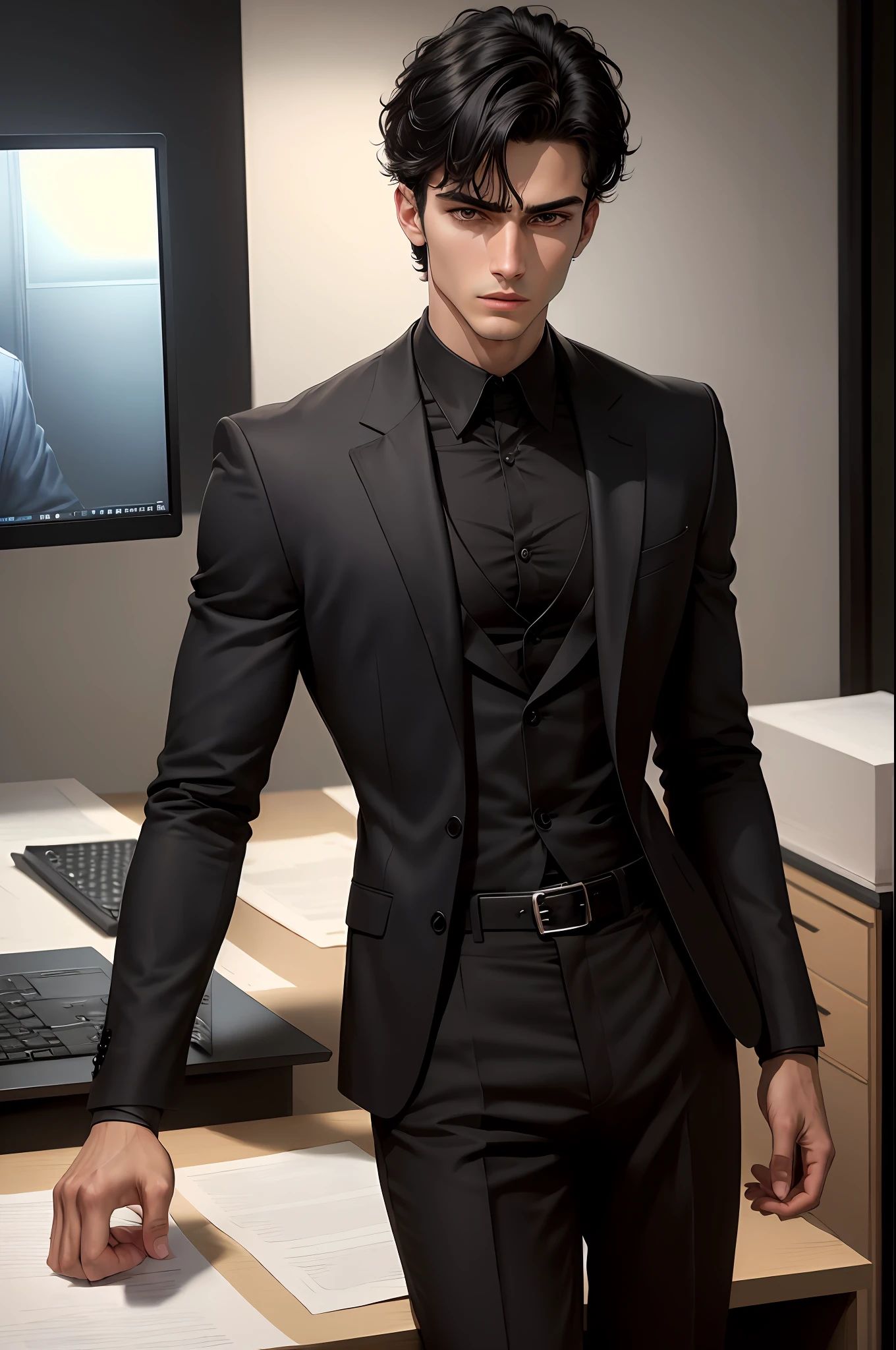 (highest resolution, distinct_image) Best picture quality, male god masterpiece, high detail, semi-realistic, short black hair, black hair, bangs, 18 years old, mature, young, tall and strong, black suit, desk, computer, cold, serious, tall and handsome, authoritative, powerful, delicate facial features, exquisite facial features