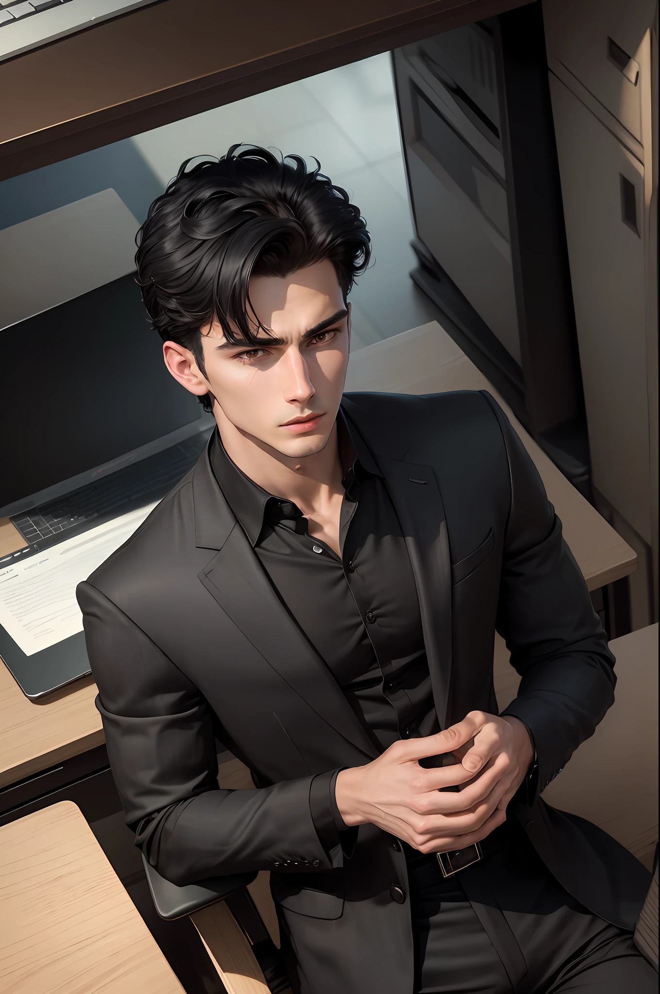 (highest resolution, distinct_image) Best picture quality, male god masterpiece, high detail, semi-realistic, short black hair, black hair, bangs, 18 years old, mature, young, tall and strong, black suit, desk, computer, cold, serious, tall and handsome, authoritative, powerful, delicate facial features, exquisite facial features