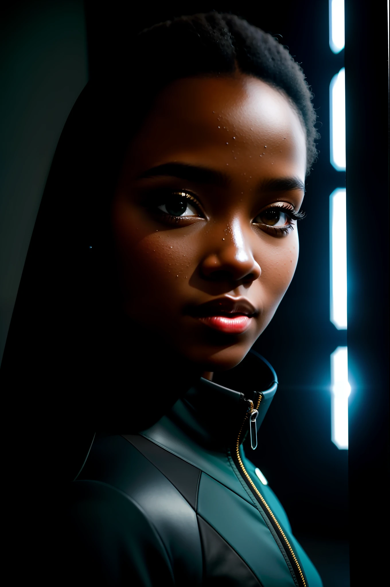 photograpy, masterpiece, portrait style, cute soneqa martin-green, star trek suit, standing, floor mirror black, wall mirror black behind, photo masterpiece, strong side light, backlight on the floor, high contrast, hard focus, detailed black skin, wet skin reflections, caustic, detailed pores of skin, ultra realistic highly detailed intricate photorealistic style photography sharp focus on the eyes,  cinematic lighting