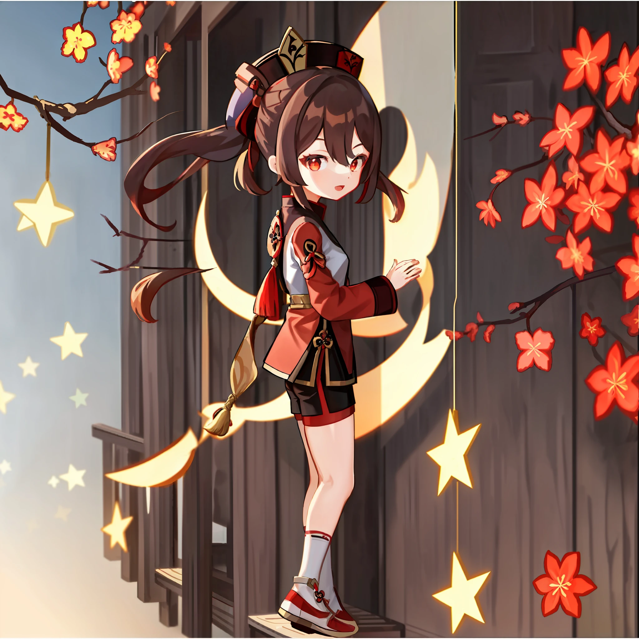 杰作, best quality, 赤壁, 1girl, solo, hutao_genshin, pointingMasterpiece, Excellent, 1girl, Hu Tao (Genshin), Bu Tao, Hat, Red Eyes, Double Ponytail, Brown Hair, Solo, Symbolic Pupils, Long Hair, Bangs, Black Shorts, Hanfu, Chibi