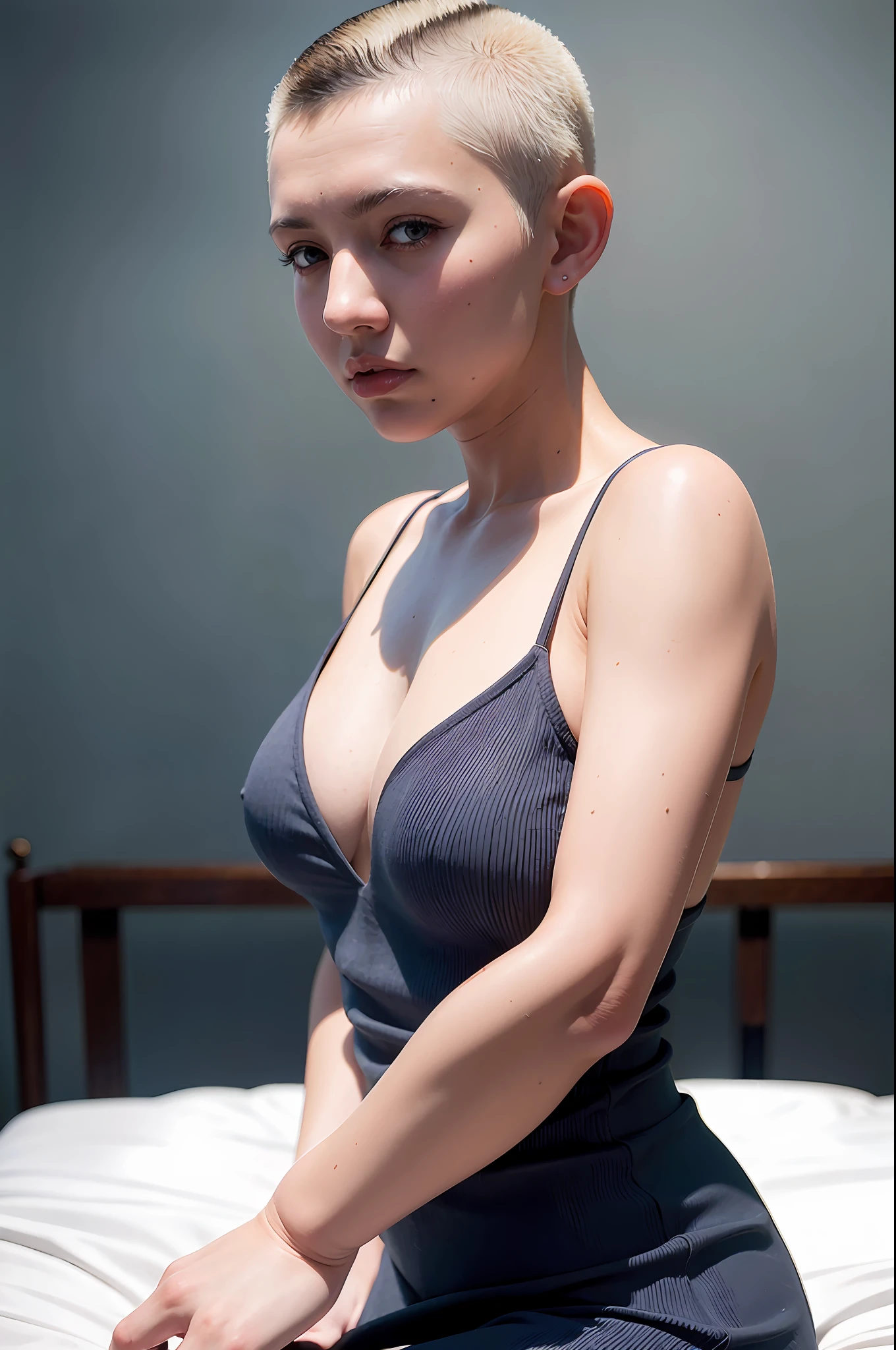 woman posing for a photo, (wearing deep_v-neck_dress), (shaved, buzzcut_hairstyle:1.3),
good hand,4k, high-res, masterpiece, best quality, head:1.3,((Hasselblad photography)), finely detailed skin, sharp focus, (cinematic lighting), night, soft lighting, dynamic angle, [:(detailed face:1.2):0.2],(((bed))),