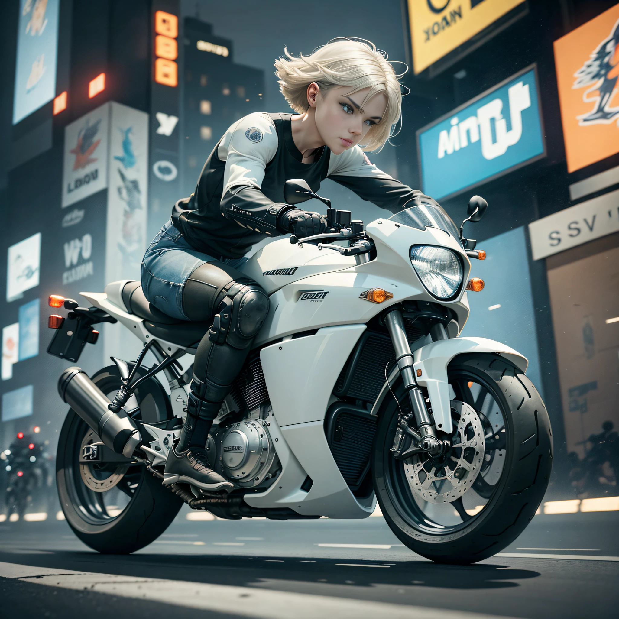 A girl riding a motorcycle in a high speed chase, cyber punk, colorful lights on motorcycle, blonde short bob, silver smile, wearing a white tank top:1.5 and damaged denim shorts:1.5, white basketball shoes, details face, detailed eyes, (blue eyes, double eyelids, long eyelashes), motion blur virtual effect, driving motor cycle fast down a city street at night, dramatic action scene, dark and tense, suspenseful, photo-realistic, dramatic lighting, cinematic, film grain, 4k resolution, masterpiece, high resolution