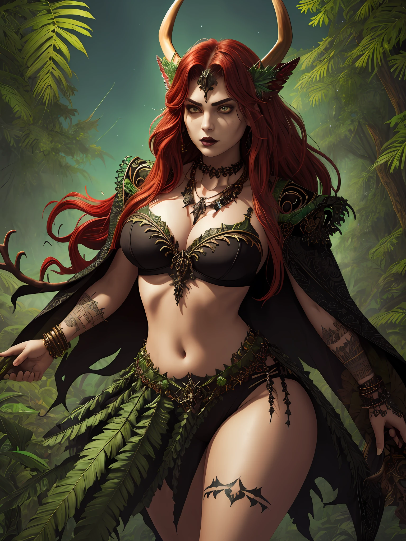 (green skin:1.2), thick thighs, wide hips, 8k, huge resolution, cleavage focus, angry expression, (antlers:1.2), leaf dress, (plant girl:1.2), nighttime, red hair styled in loose waves, thick brows, bone tooth necklace, hide cloak, fur trim collar, tribal jewelry, tribal tattoos, skulls, (gothic style:1.2), (dark makeup:0.8)