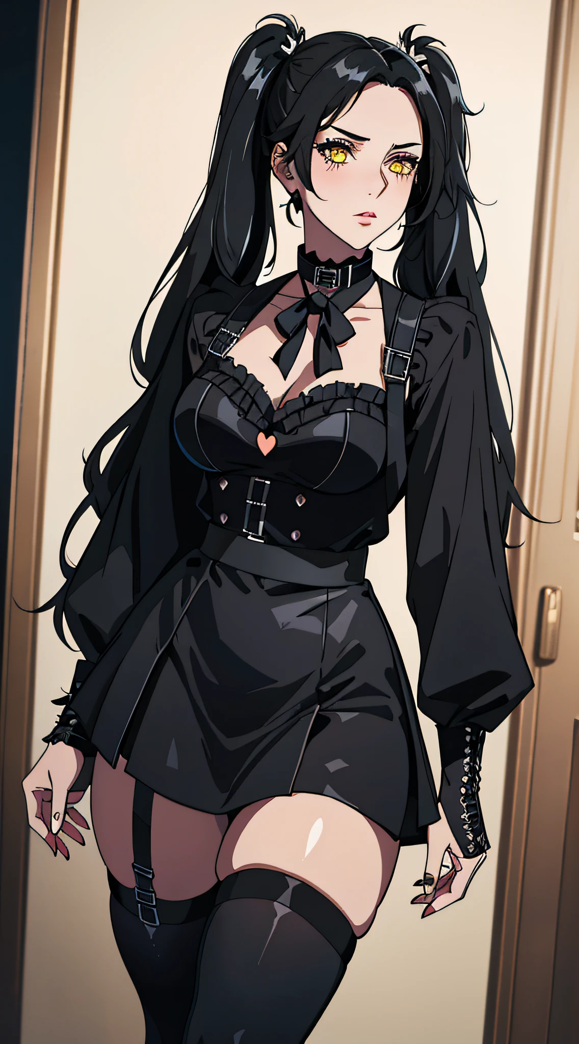 (masterpiece, best_quality, ultra-detailed, 8k, UHD, immaculate:1.3) epic, artgerm, pixiv, artstation, 1 girl, single character, gothic girl, goth style, yellow eyes, detailed eyes, black hair in twintails style, twintails ,black hair, full body shot, sexy black outfit, tight clothing, straps, short black skirt, panties, thick thighs, large breasts, curvy hips, black painted fingernails, black collar around neck, collar with metal heart, indoors at night, apartment, night time, dark